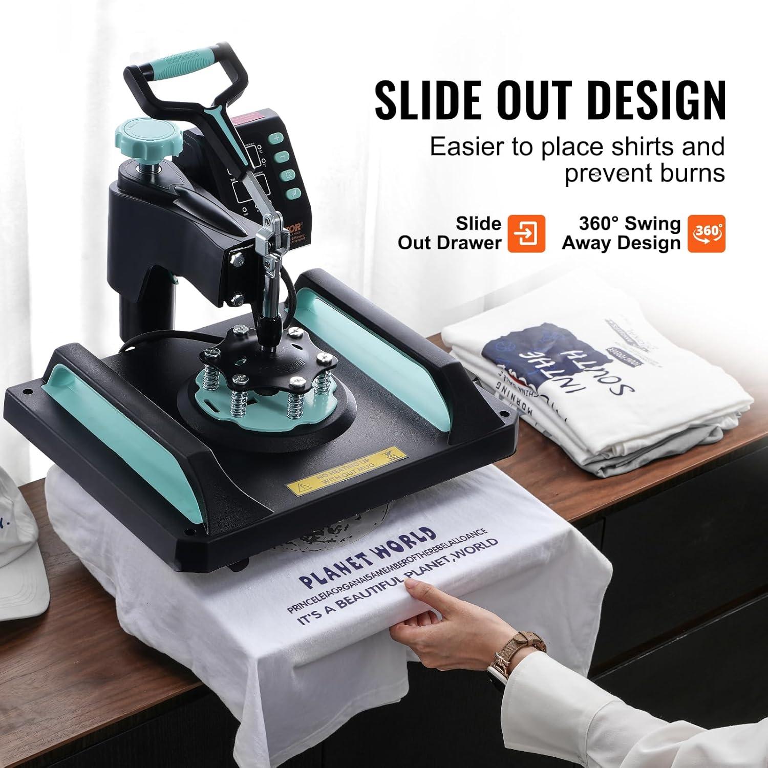 imageVEVOR 15x15 Heat Press Machine 8 in 1 Combo with 30 OZ Tumbler Press ampamp Hat Press Slide Out Heat Press Sublimation Machine for TShirts Hats Caps Tumblers Glass Cans Mugs and Plates Light Green8in112x1530OZGreen