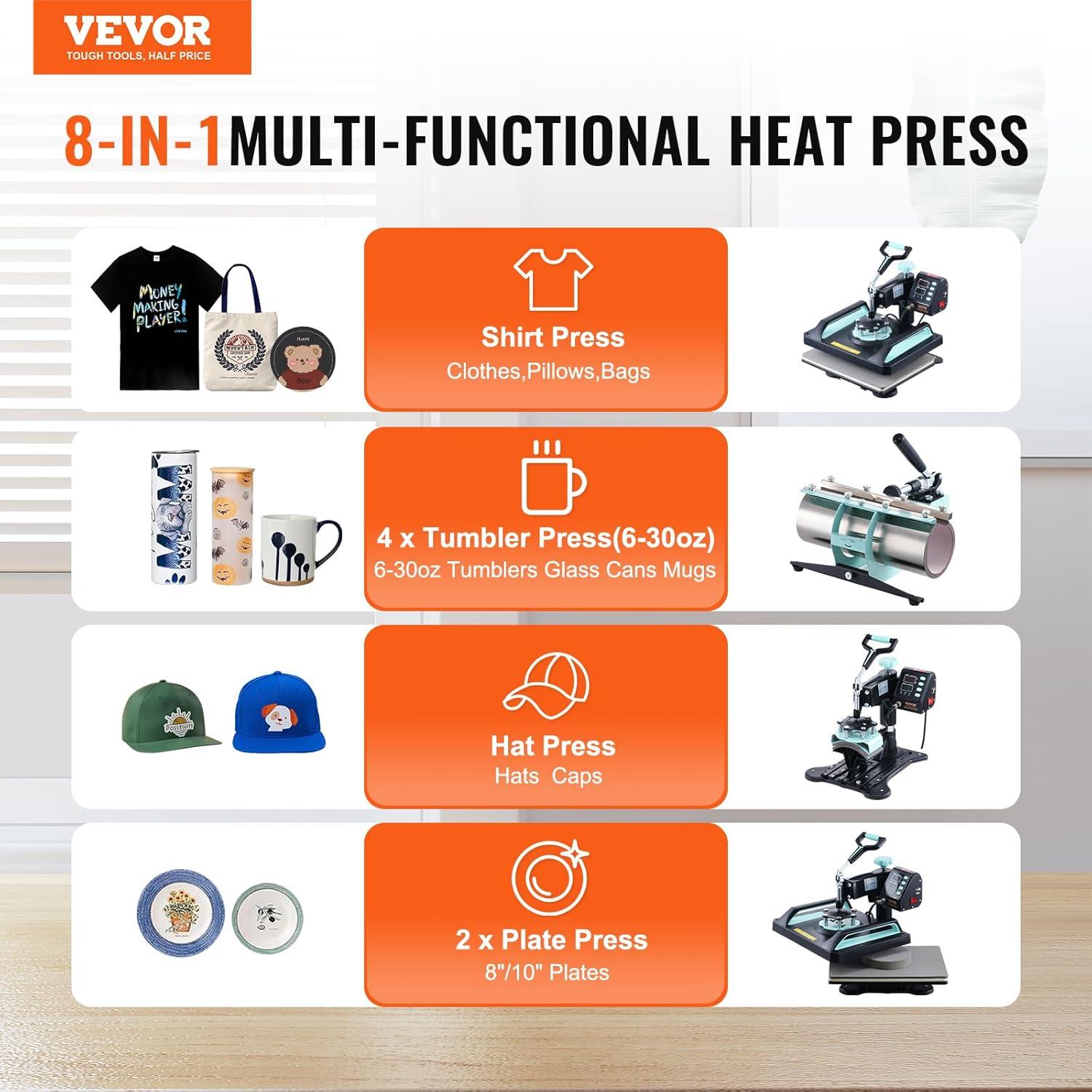 imageVEVOR 15x15 Heat Press Machine 8 in 1 Combo with 30 OZ Tumbler Press ampamp Hat Press Slide Out Heat Press Sublimation Machine for TShirts Hats Caps Tumblers Glass Cans Mugs and Plates Light Green8in112x1530OZGreen