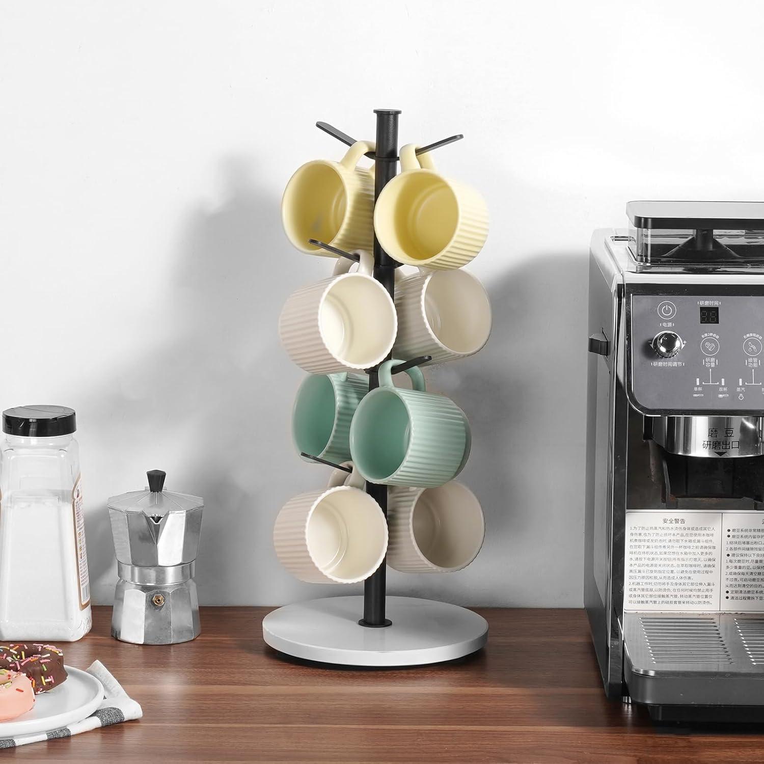 imageVEVOR 2 Tier Coffee Bar Organizer for Countertop Multifunctional Mug Holder and Coffee Station 12 Movable Hooks and 2 Shelves for Coffee Accessories Storage and Display Home Office Matte Black8 HooksTree