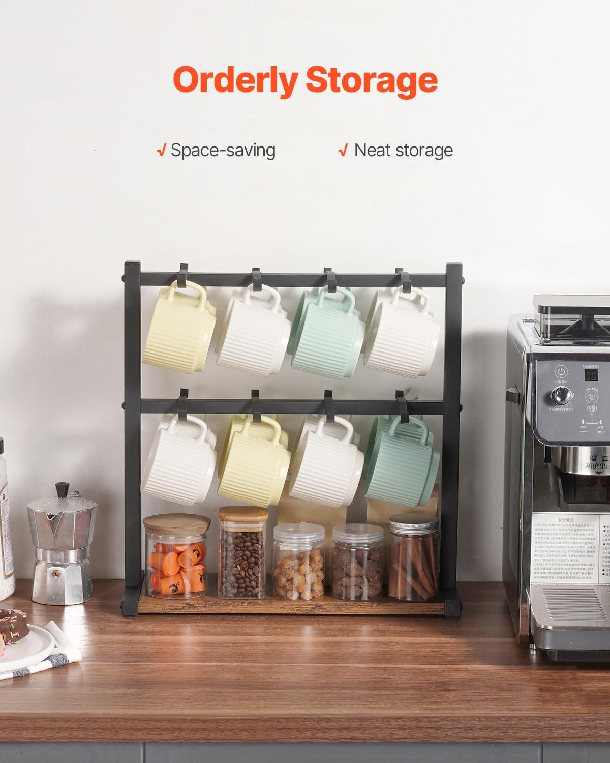 imageVEVOR 2 Tier Coffee Bar Organizer for Countertop Multifunctional Mug Holder and Coffee Station 12 Movable Hooks and 2 Shelves for Coffee Accessories Storage and Display Home Office Matte Black16 HooksWood Mug
