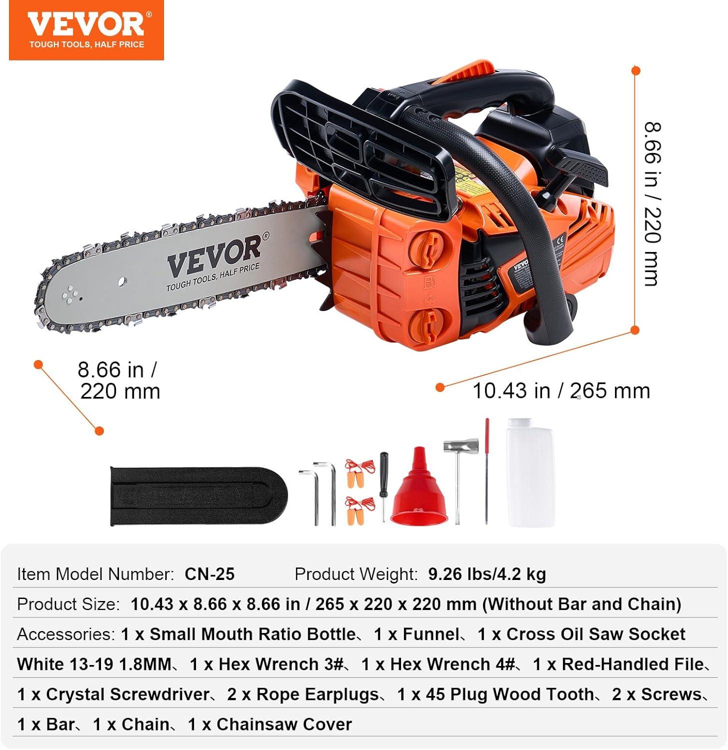 imageVEVOR 20inch 62CC Gas Powered Chainsaw 38 HP 2 Stroke Engine Gas Power Chainsaws with NonSlip Handle Gas Chainsaws with Dual Fuel Tanks For Wood Cutting Tree Trimming and Land Clearing254CC 12inch