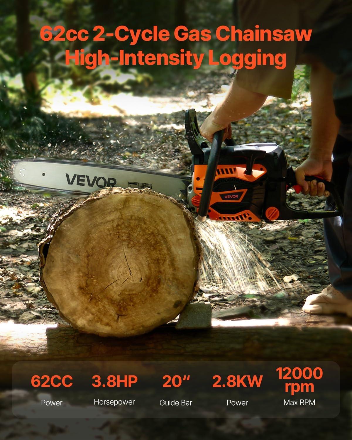 imageVEVOR 20inch 62CC Gas Powered Chainsaw 38 HP 2 Stroke Engine Gas Power Chainsaws with NonSlip Handle Gas Chainsaws with Dual Fuel Tanks For Wood Cutting Tree Trimming and Land Clearing62CC 20inch