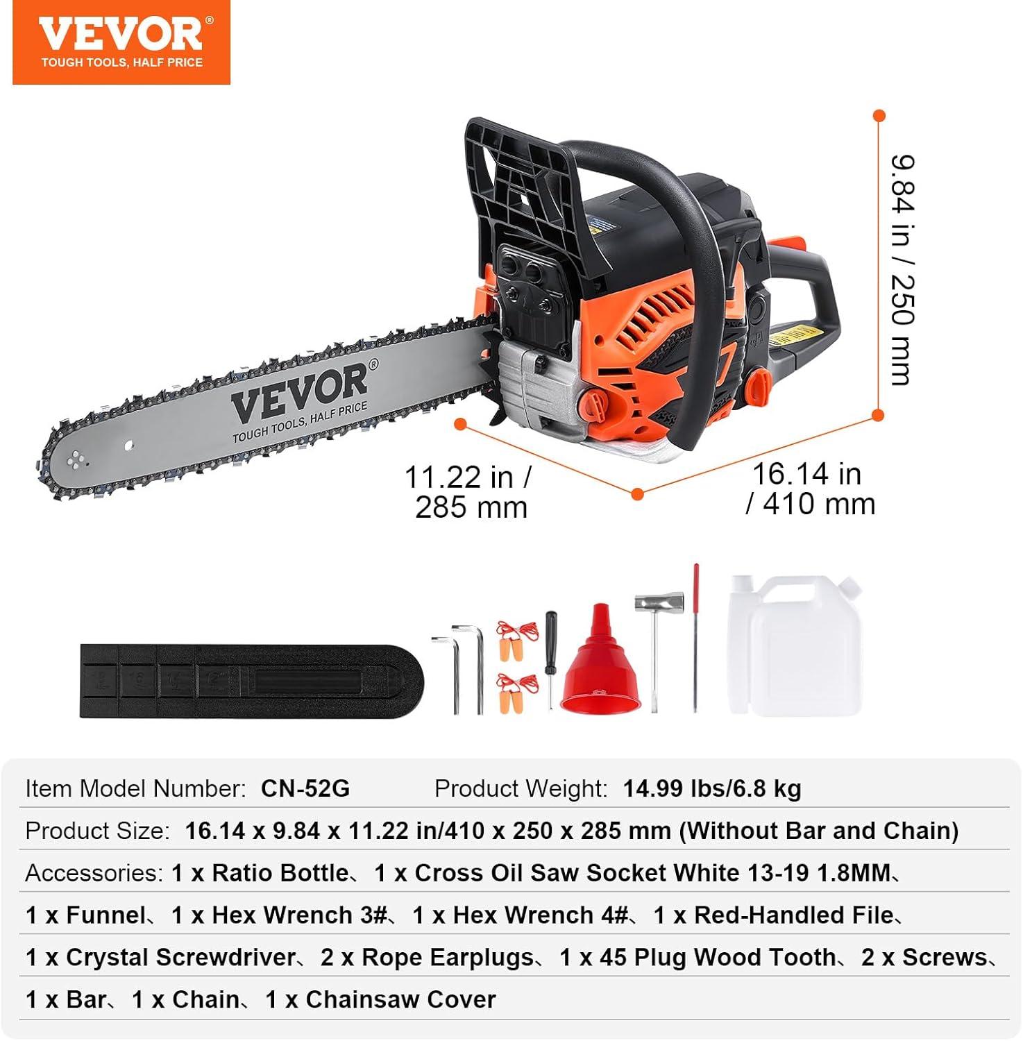 imageVEVOR 20inch 62CC Gas Powered Chainsaw 38 HP 2 Stroke Engine Gas Power Chainsaws with NonSlip Handle Gas Chainsaws with Dual Fuel Tanks For Wood Cutting Tree Trimming and Land Clearing52CC 18inch