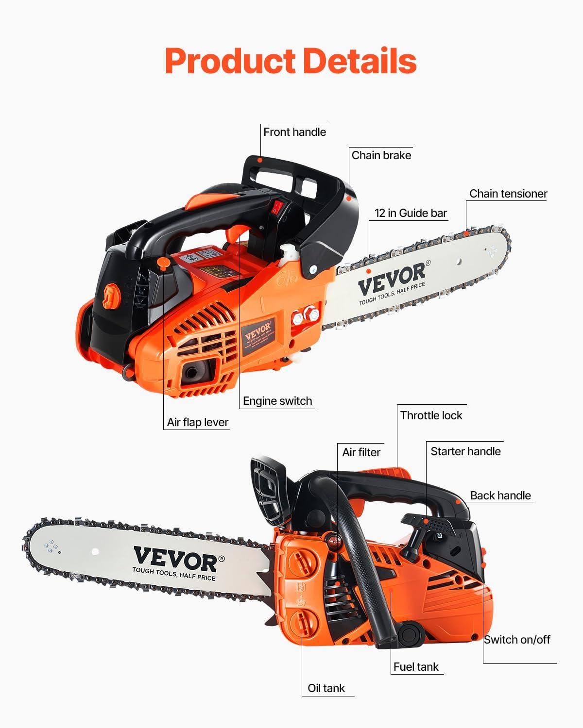 imageVEVOR 20inch 62CC Gas Powered Chainsaw 38 HP 2 Stroke Engine Gas Power Chainsaws with NonSlip Handle Gas Chainsaws with Dual Fuel Tanks For Wood Cutting Tree Trimming and Land Clearing254CC 12inch