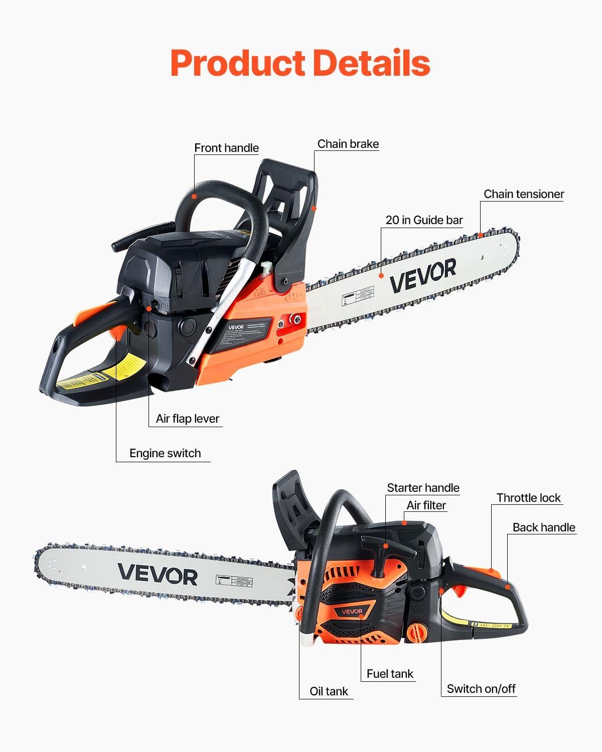 imageVEVOR 20inch 62CC Gas Powered Chainsaw 38 HP 2 Stroke Engine Gas Power Chainsaws with NonSlip Handle Gas Chainsaws with Dual Fuel Tanks For Wood Cutting Tree Trimming and Land Clearing62CC 20inch