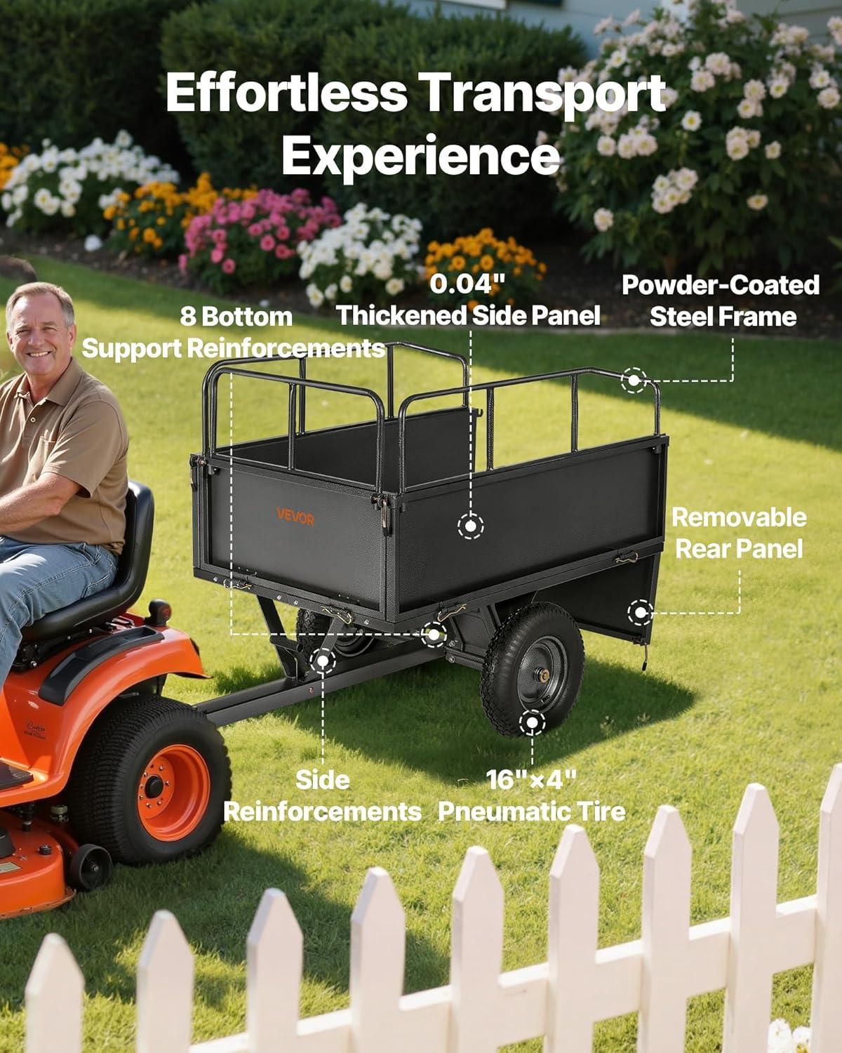 imageVEVOR 22 CuFt 1600Lbs Steel ATV UTV Trailer Tow Behind Dump Cart Heavy Duty Pull Behind Utility Dump Trailer for Lawn Mower Trailer Tractor Garden Yard with Removable Rear Panel600Lbs17cuft