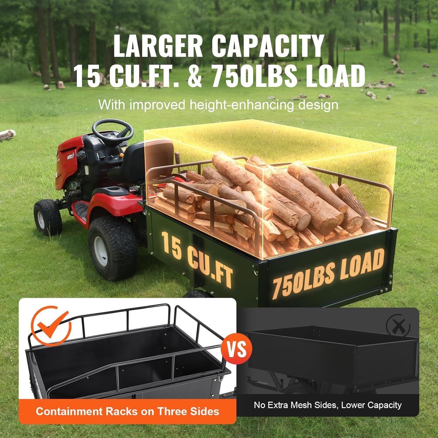 imageVEVOR 22 CuFt 1600Lbs Steel ATV UTV Trailer Tow Behind Dump Cart Heavy Duty Pull Behind Utility Dump Trailer for Lawn Mower Trailer Tractor Garden Yard with Removable Rear Panel750pound15cuft
