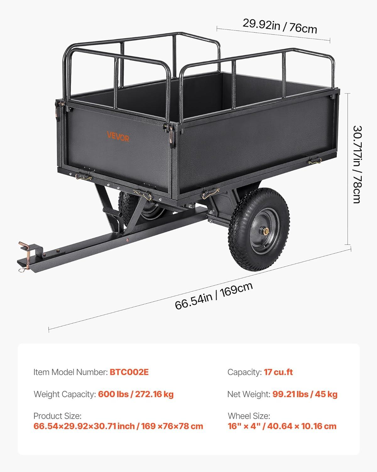 imageVEVOR 22 CuFt 1600Lbs Steel ATV UTV Trailer Tow Behind Dump Cart Heavy Duty Pull Behind Utility Dump Trailer for Lawn Mower Trailer Tractor Garden Yard with Removable Rear Panel600Lbs17cuft