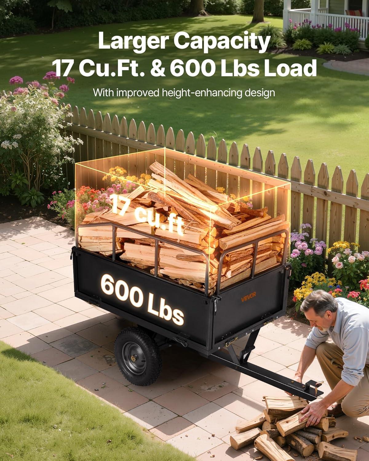 imageVEVOR 22 CuFt 1600Lbs Steel ATV UTV Trailer Tow Behind Dump Cart Heavy Duty Pull Behind Utility Dump Trailer for Lawn Mower Trailer Tractor Garden Yard with Removable Rear Panel600Lbs17cuft