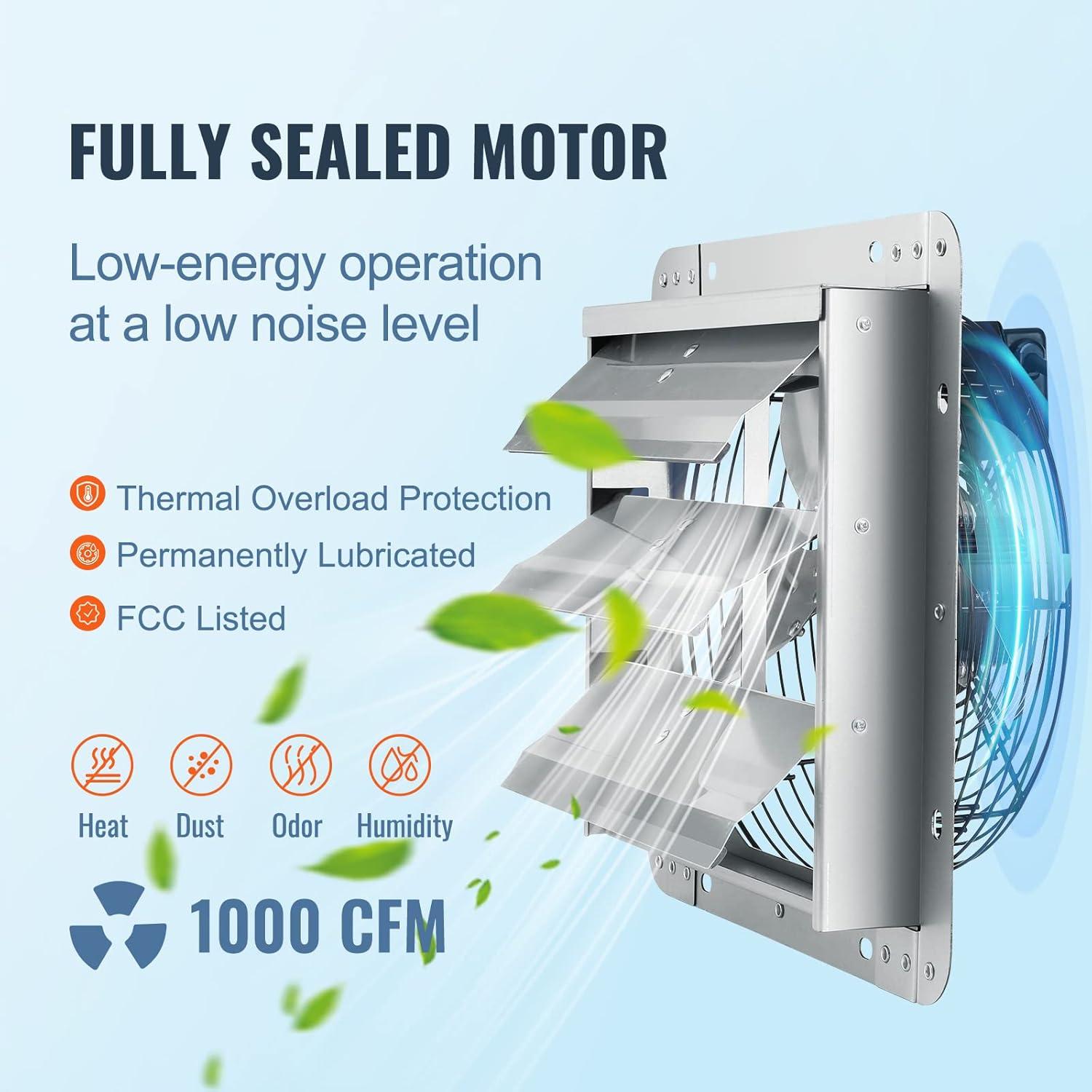 imageVEVOR 24 Inch Shutter Exhaust Fan Wall Mounted HighSpeed 3320CFM Vent Fan For Garages Shops Greenhouse Attic Ventilation AC Motor Fan Only12 Inch