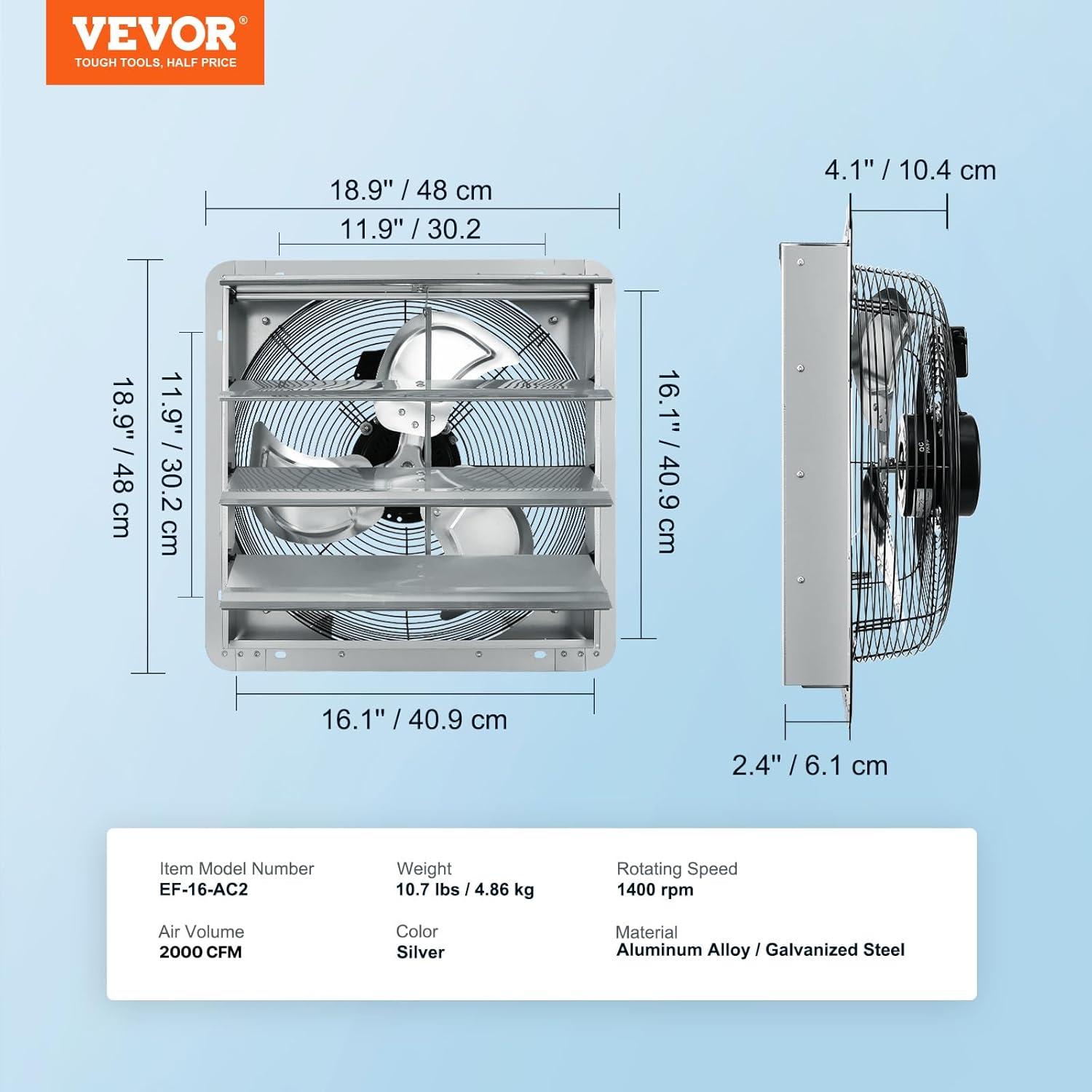 imageVEVOR 24 Inch Shutter Exhaust Fan Wall Mounted HighSpeed 3320CFM Vent Fan For Garages Shops Greenhouse Attic Ventilation AC Motor Fan Only16 Inch