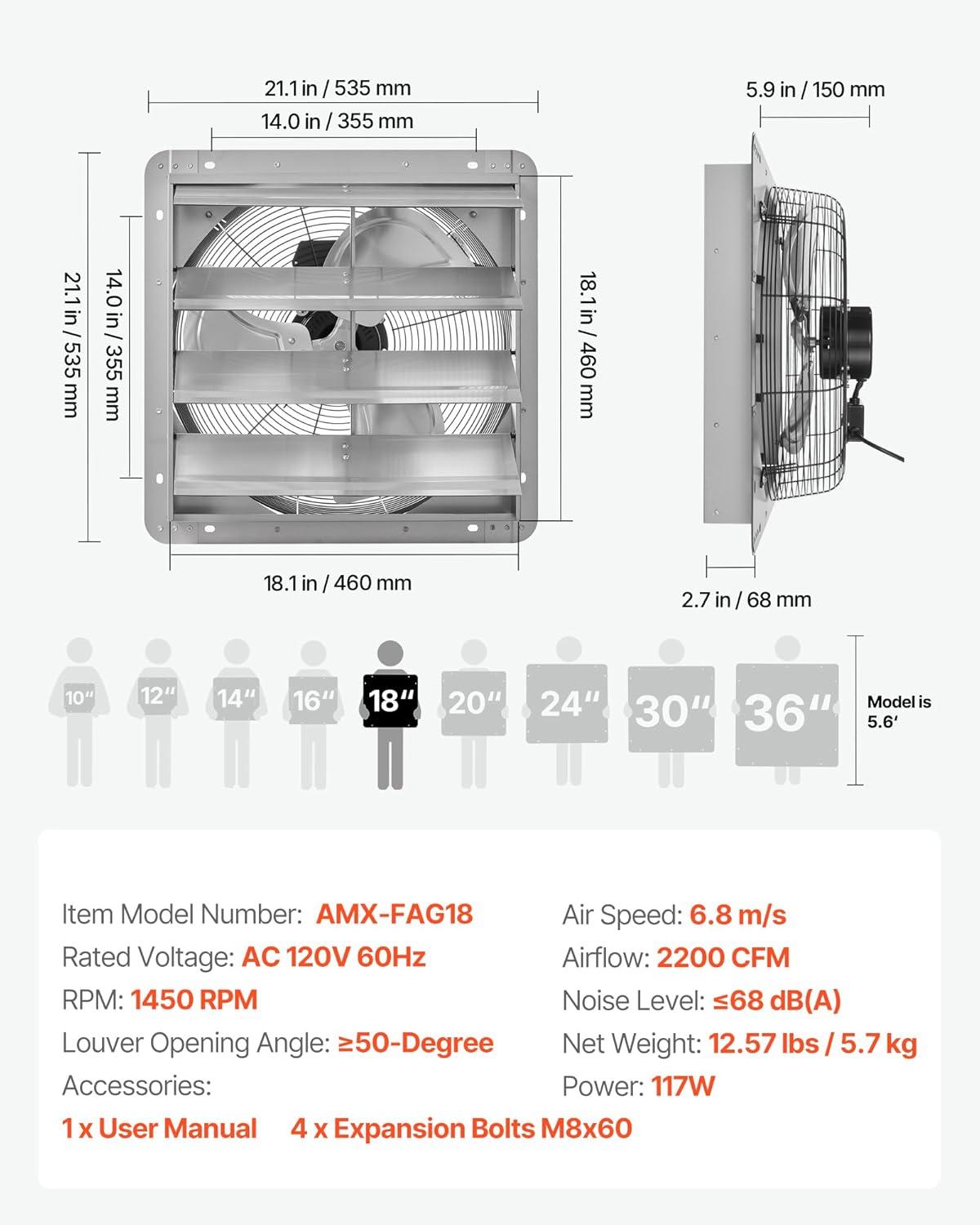 imageVEVOR 24 Inch Shutter Exhaust Fan Wall Mounted HighSpeed 3320CFM Vent Fan For Garages Shops Greenhouse Attic Ventilation AC Motor Fan Only18 Inch