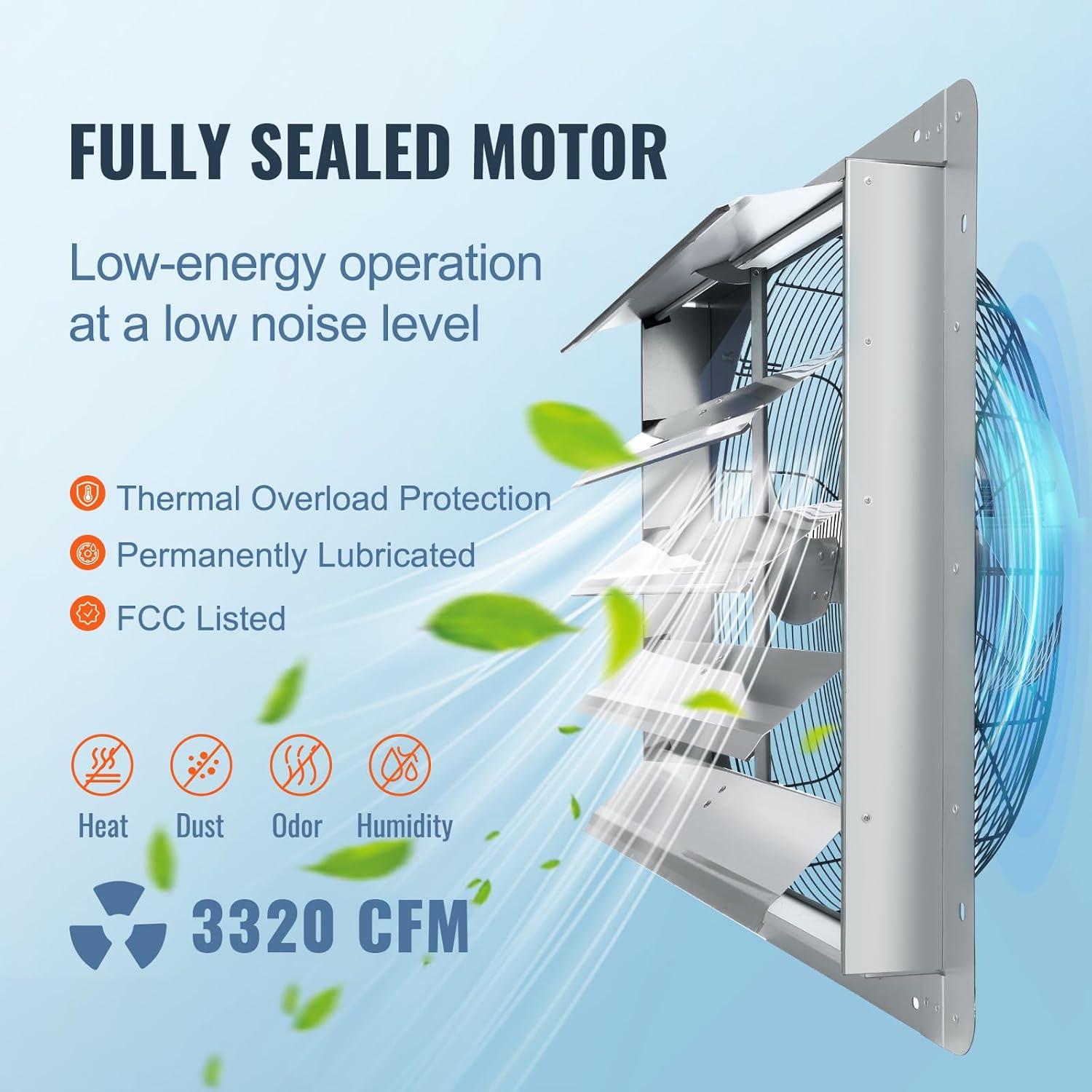 imageVEVOR 24 Inch Shutter Exhaust Fan Wall Mounted HighSpeed 3320CFM Vent Fan For Garages Shops Greenhouse Attic Ventilation AC Motor Fan Only24 Inch