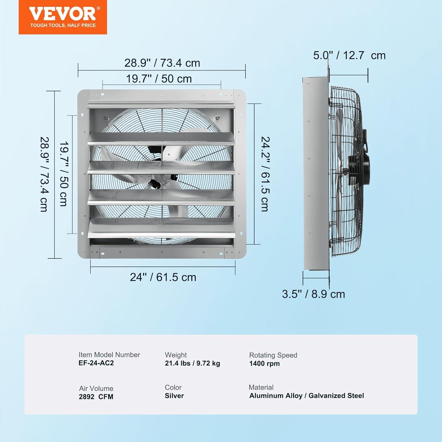 imageVEVOR 24 Inch Shutter Exhaust Fan Wall Mounted HighSpeed 3320CFM Vent Fan For Garages Shops Greenhouse Attic Ventilation AC Motor Fan Only24 Inch