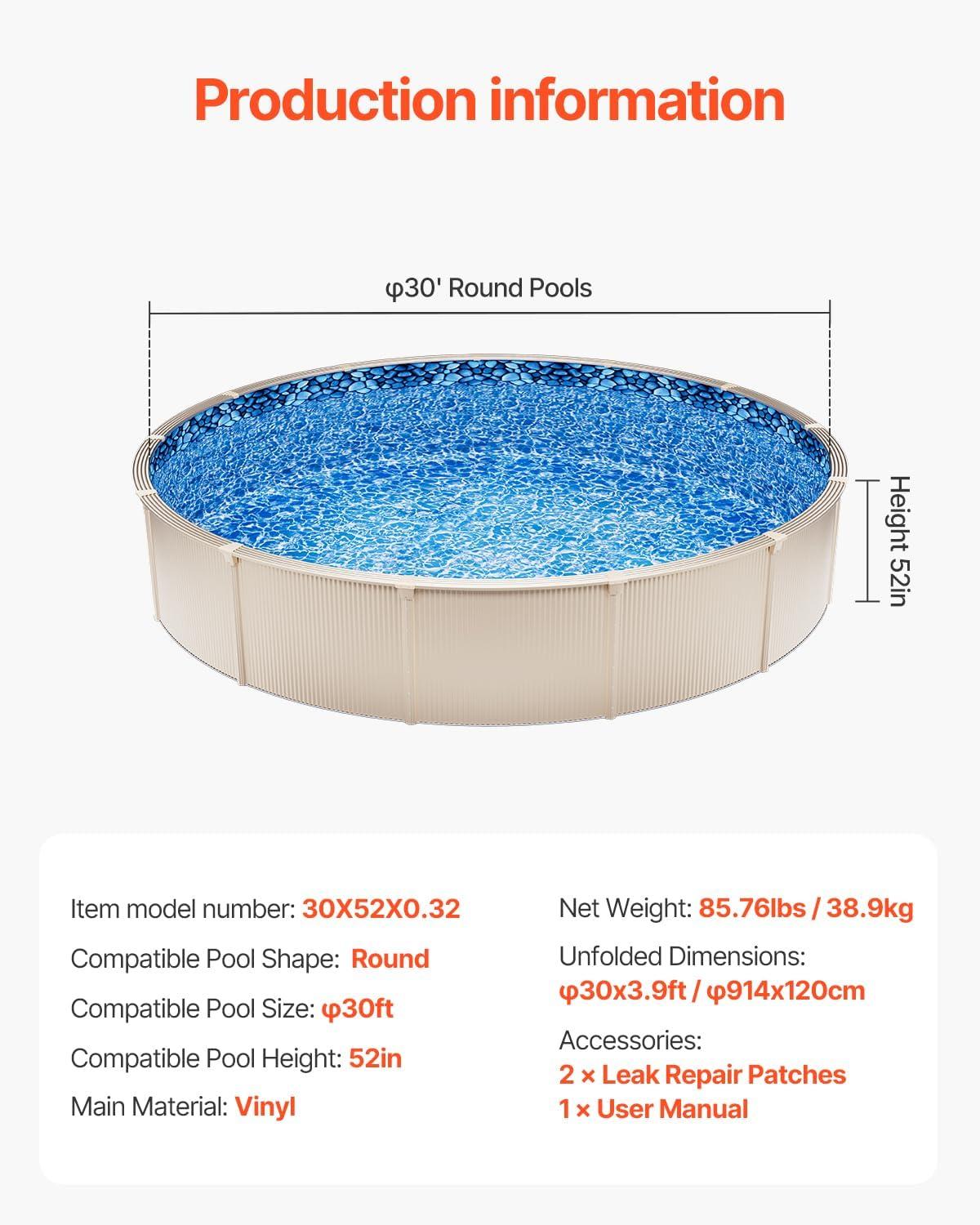 imageVEVOR 24ft Round Above Ground Pool Liner Unibead Pool Liners Standard Gauge 52inch Wall Height Designed for Steel Sided AboveGround Swimming PoolsRound