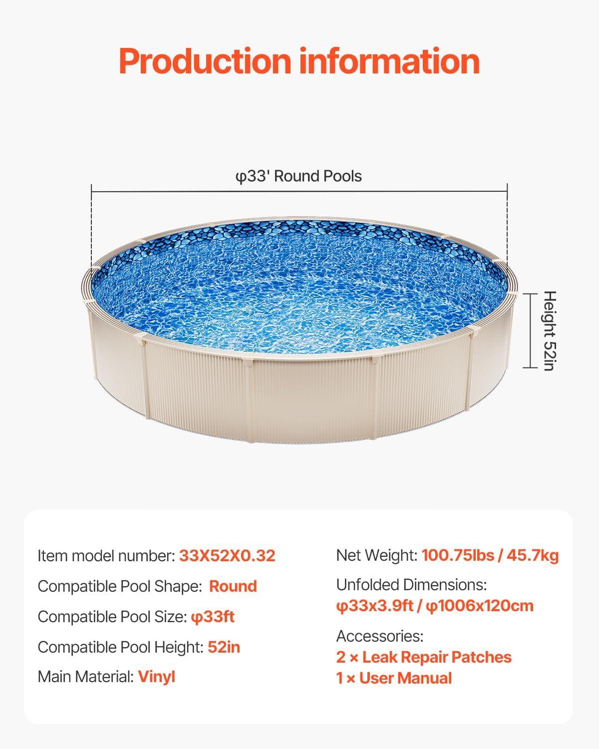imageVEVOR 24ft Round Above Ground Pool Liner Unibead Pool Liners Standard Gauge 52inch Wall Height Designed for Steel Sided AboveGround Swimming PoolsRound
