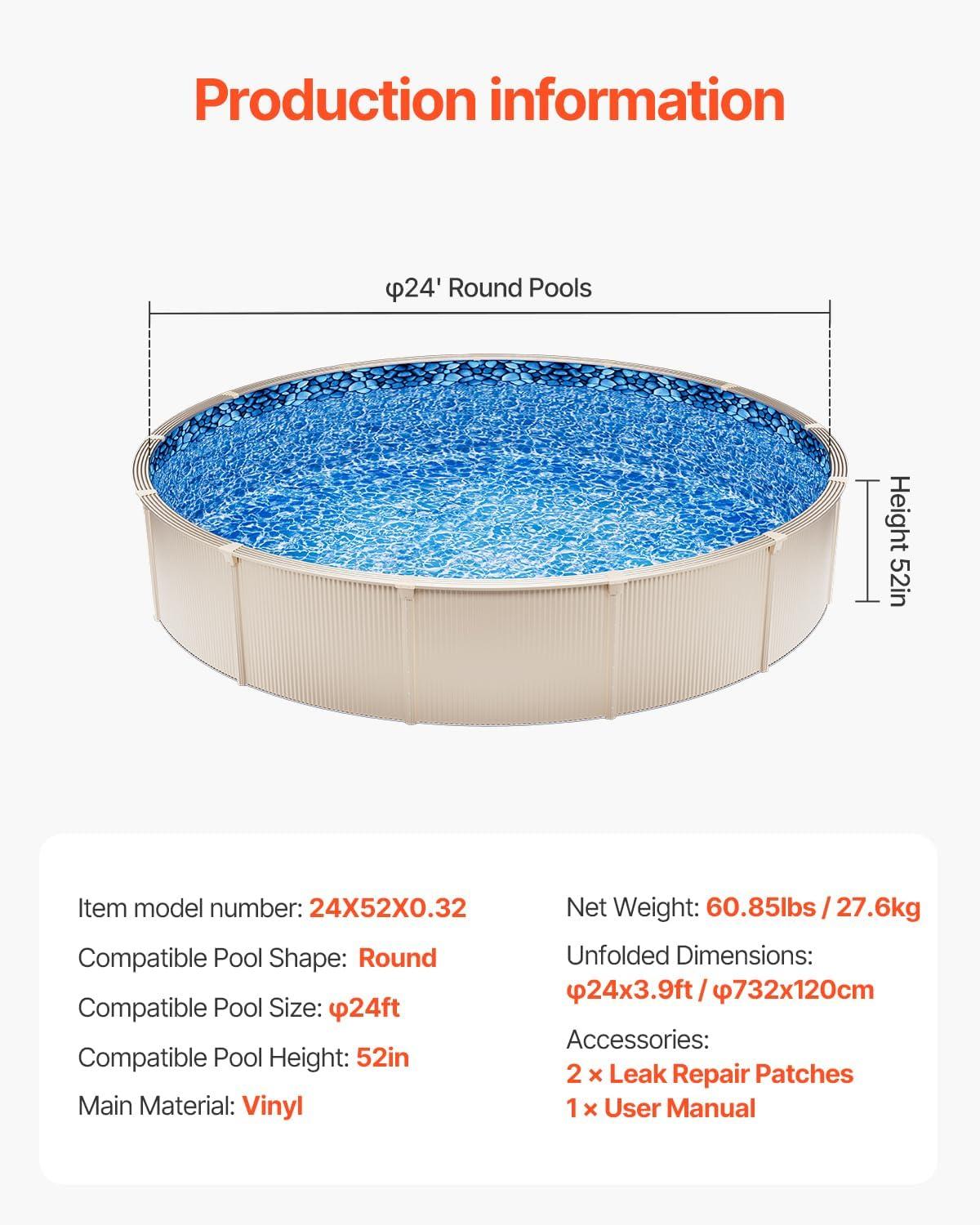 imageVEVOR 24ft Round Above Ground Pool Liner Unibead Pool Liners Standard Gauge 52inch Wall Height Designed for Steel Sided AboveGround Swimming PoolsRound