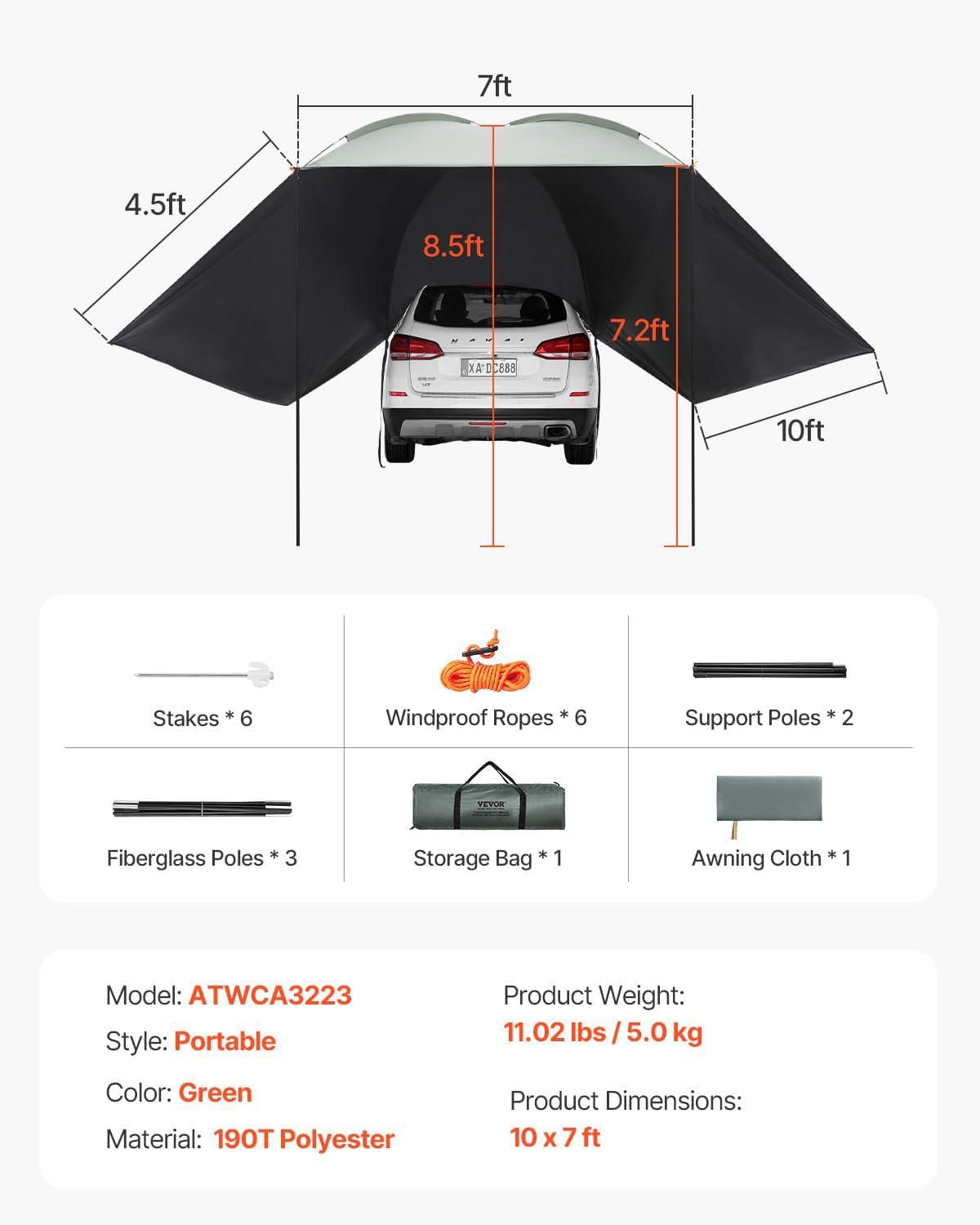 imageVEVOR 270 Degree Vehicle Overland Awning Free Standing Driver Side Waterproof Car Shelter UV50 Vehicle Awning for SUV Truck Van Ultimate Sun Protection 270LTEArmyGreen 10X7ft Car Awning