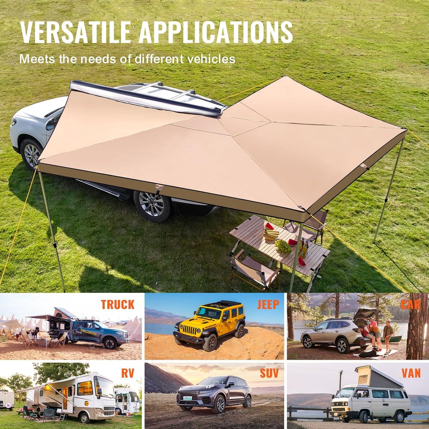 imageVEVOR 270 Degree Vehicle Overland Awning Free Standing Driver Side Waterproof Car Shelter UV50 Vehicle Awning for SUV Truck Van Ultimate Sun Protection 270LTEKhaki 270 82ft Car Awning