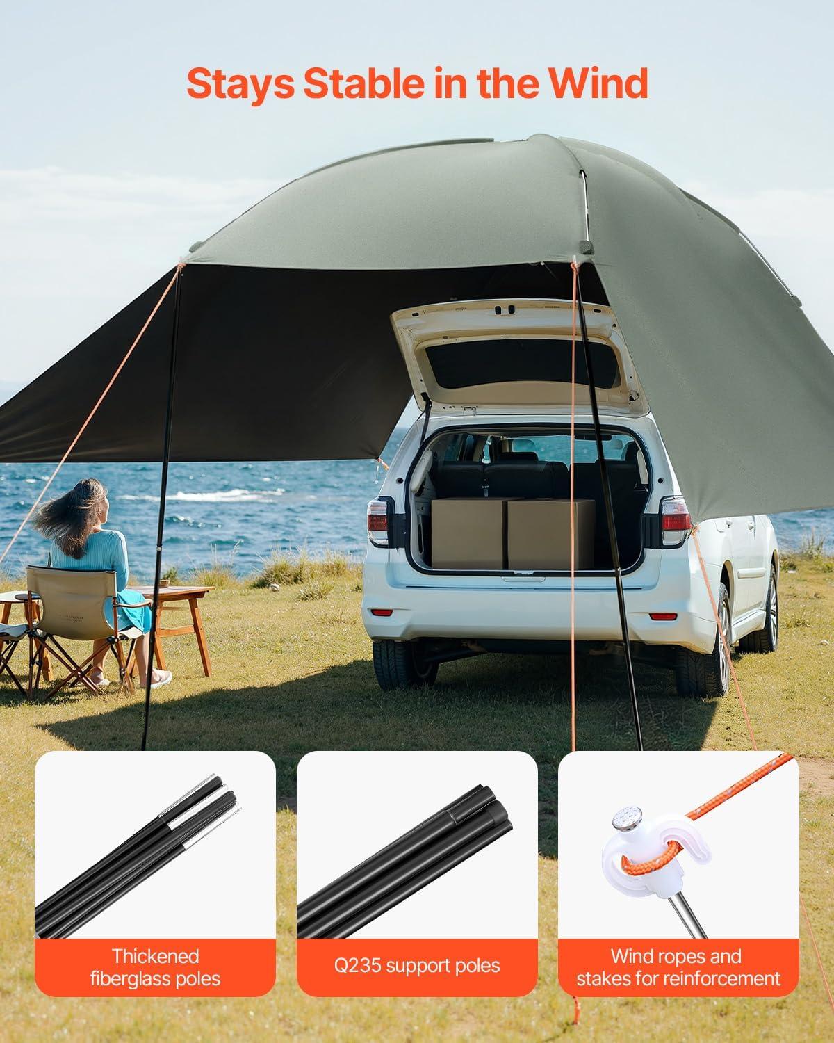 imageVEVOR 270 Degree Vehicle Overland Awning Free Standing Driver Side Waterproof Car Shelter UV50 Vehicle Awning for SUV Truck Van Ultimate Sun Protection 270LTEArmyGreen 10X7ft Car Awning