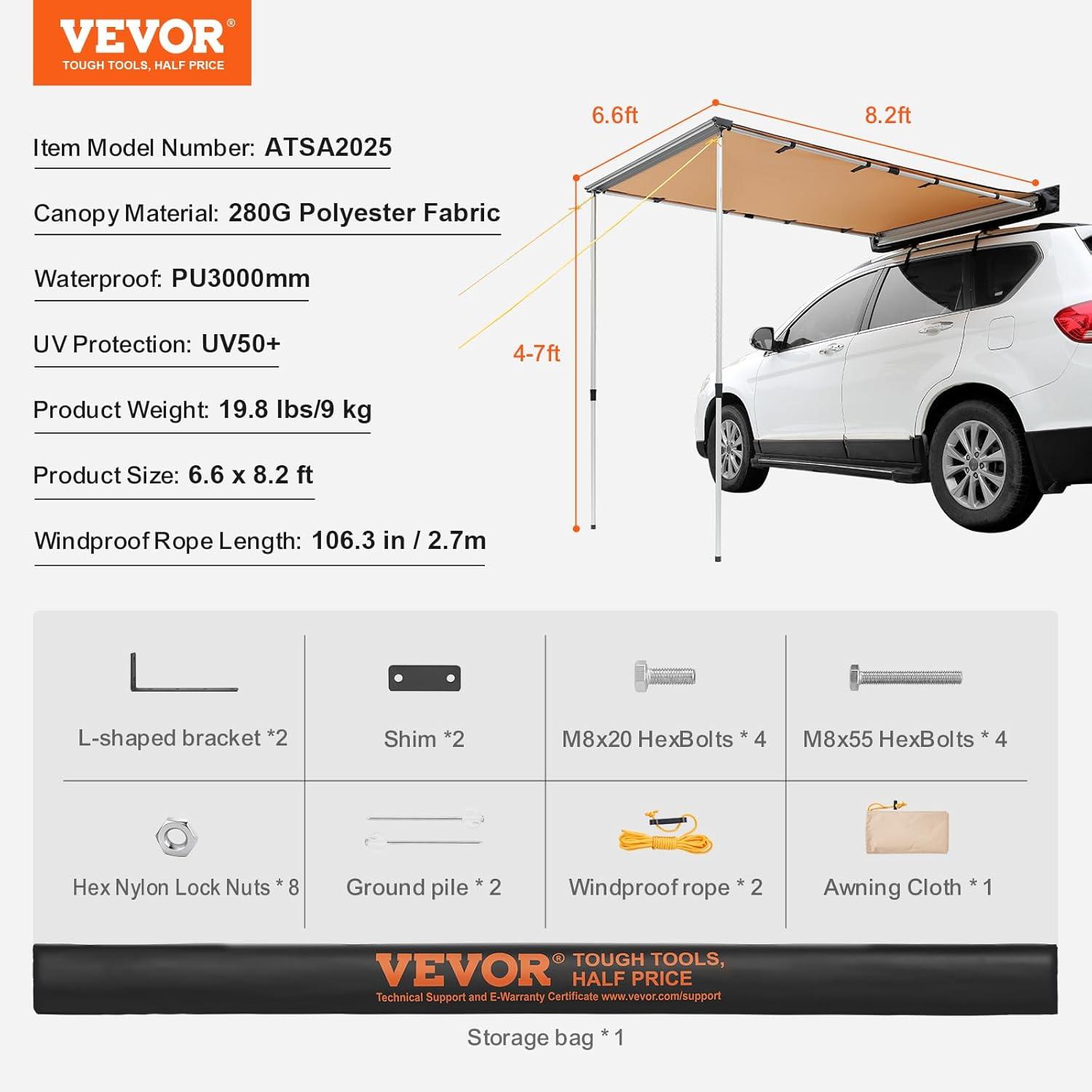 imageVEVOR 270 Degree Vehicle Overland Awning Free Standing Driver Side Waterproof Car Shelter UV50 Vehicle Awning for SUV Truck Van Ultimate Sun Protection 270LTEKhaki 66X82ft Car Awning