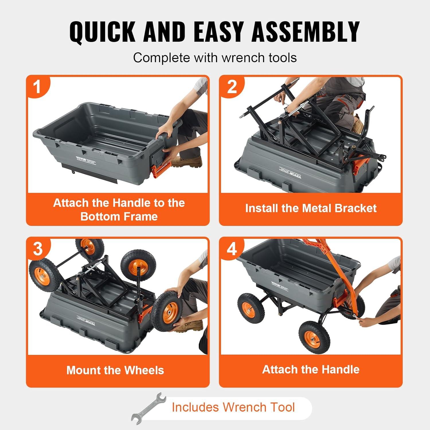 imageVEVOR 4 CuFt 600lbs Poly Garden Cart Dump Wagon Heavy Duty 4 Wheel Wheelbarrow Yard Cart Dump Wagon with 10in All Terrain Wheels Steel Frame and Quick Release System1500lbs