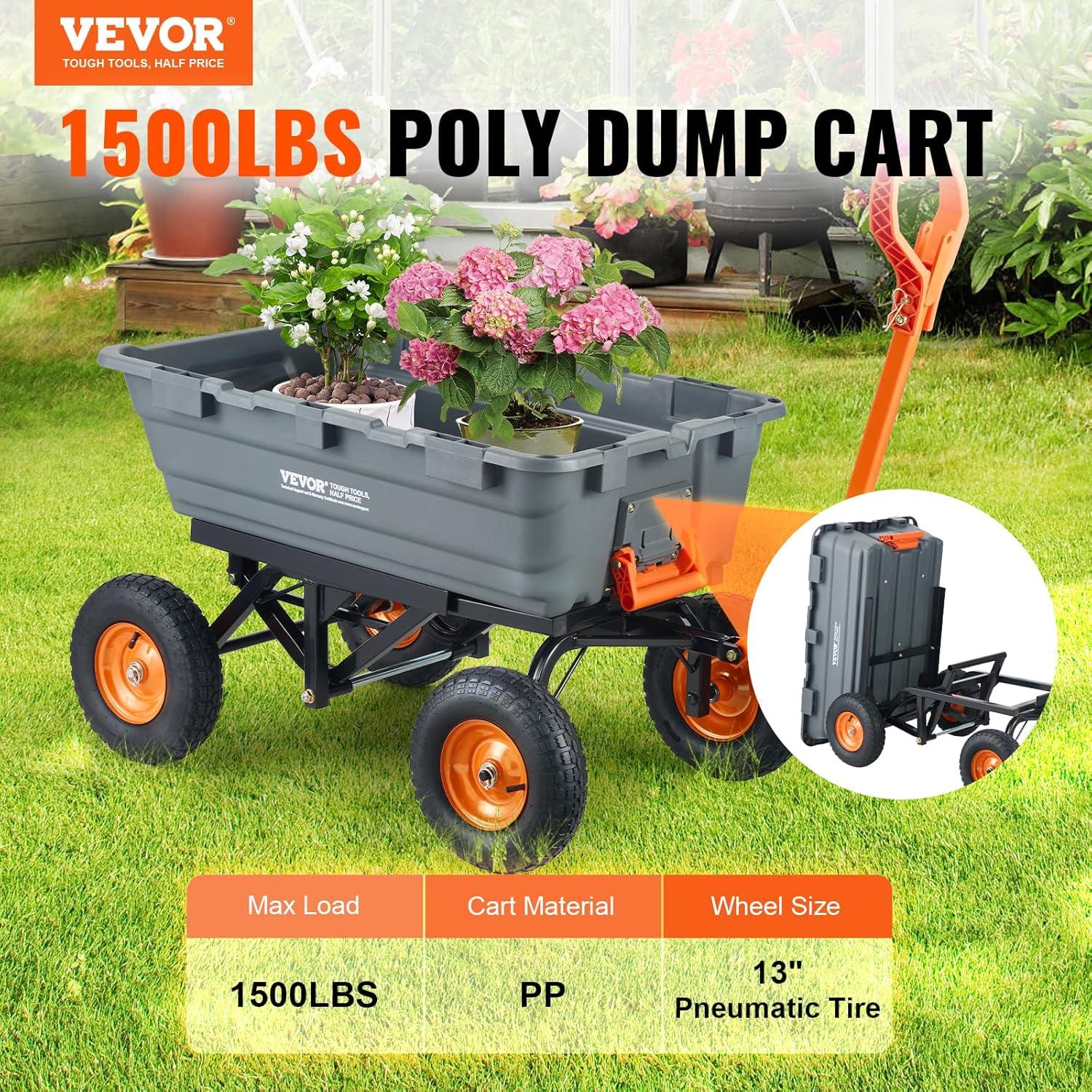 imageVEVOR 4 CuFt 600lbs Poly Garden Cart Dump Wagon Heavy Duty 4 Wheel Wheelbarrow Yard Cart Dump Wagon with 10in All Terrain Wheels Steel Frame and Quick Release System1500lbs