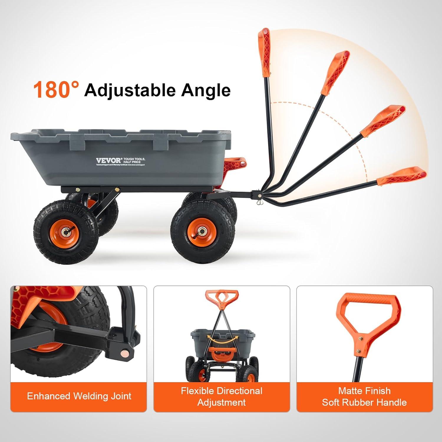 imageVEVOR 4 CuFt 600lbs Poly Garden Cart Dump Wagon Heavy Duty 4 Wheel Wheelbarrow Yard Cart Dump Wagon with 10in All Terrain Wheels Steel Frame and Quick Release System800lbs