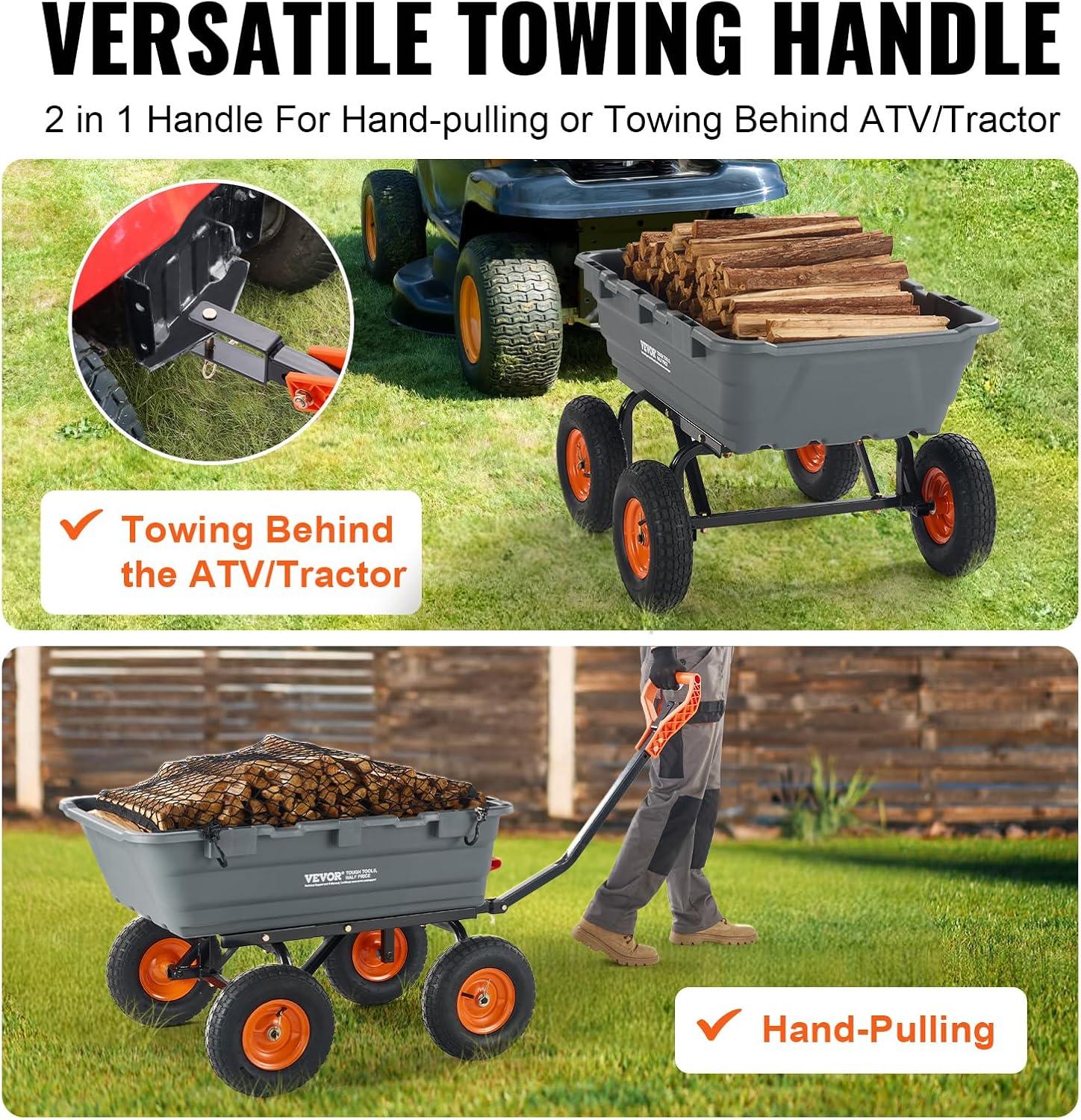 imageVEVOR 4 CuFt 600lbs Poly Garden Cart Dump Wagon Heavy Duty 4 Wheel Wheelbarrow Yard Cart Dump Wagon with 10in All Terrain Wheels Steel Frame and Quick Release System1200LBS