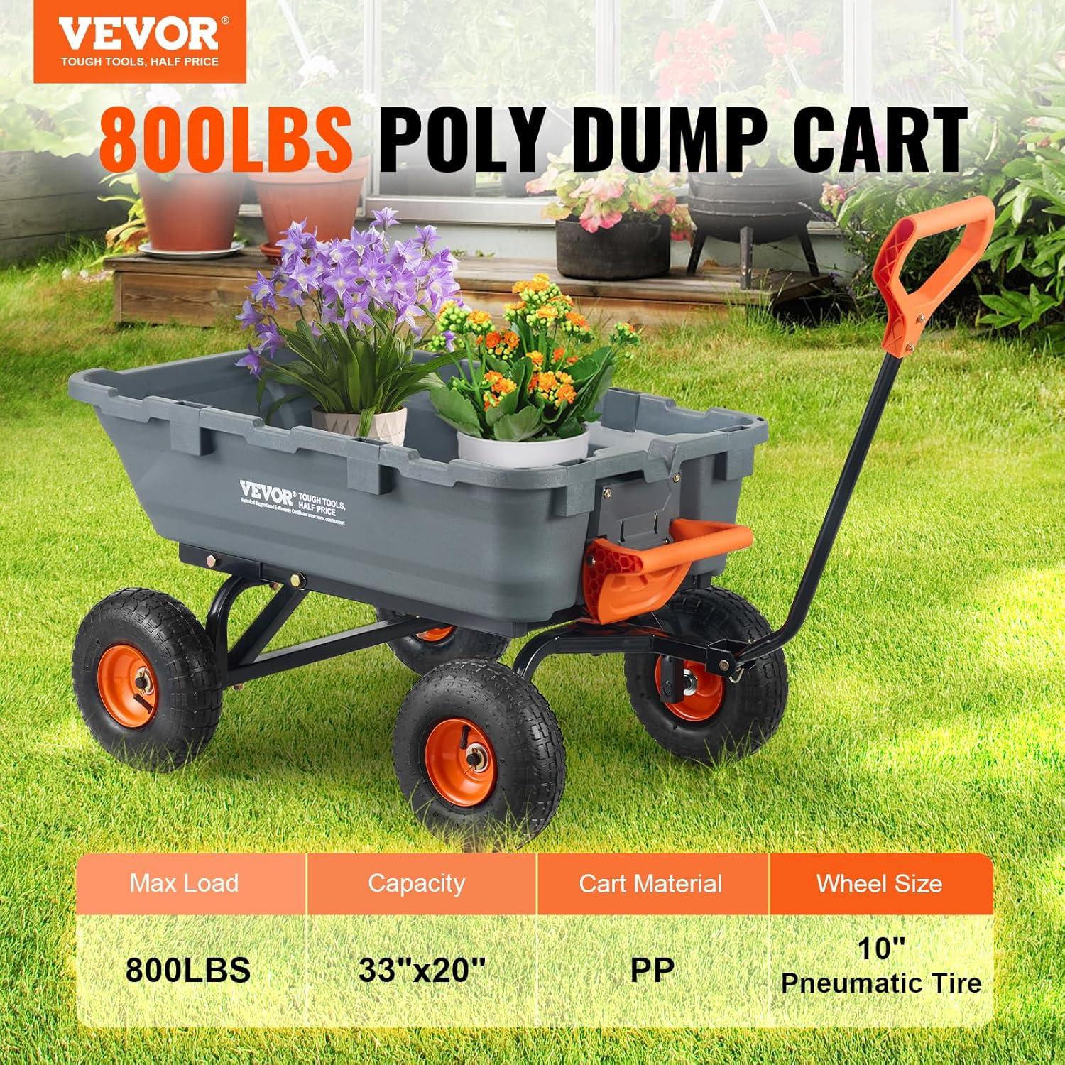 imageVEVOR 4 CuFt 600lbs Poly Garden Cart Dump Wagon Heavy Duty 4 Wheel Wheelbarrow Yard Cart Dump Wagon with 10in All Terrain Wheels Steel Frame and Quick Release System800lbs