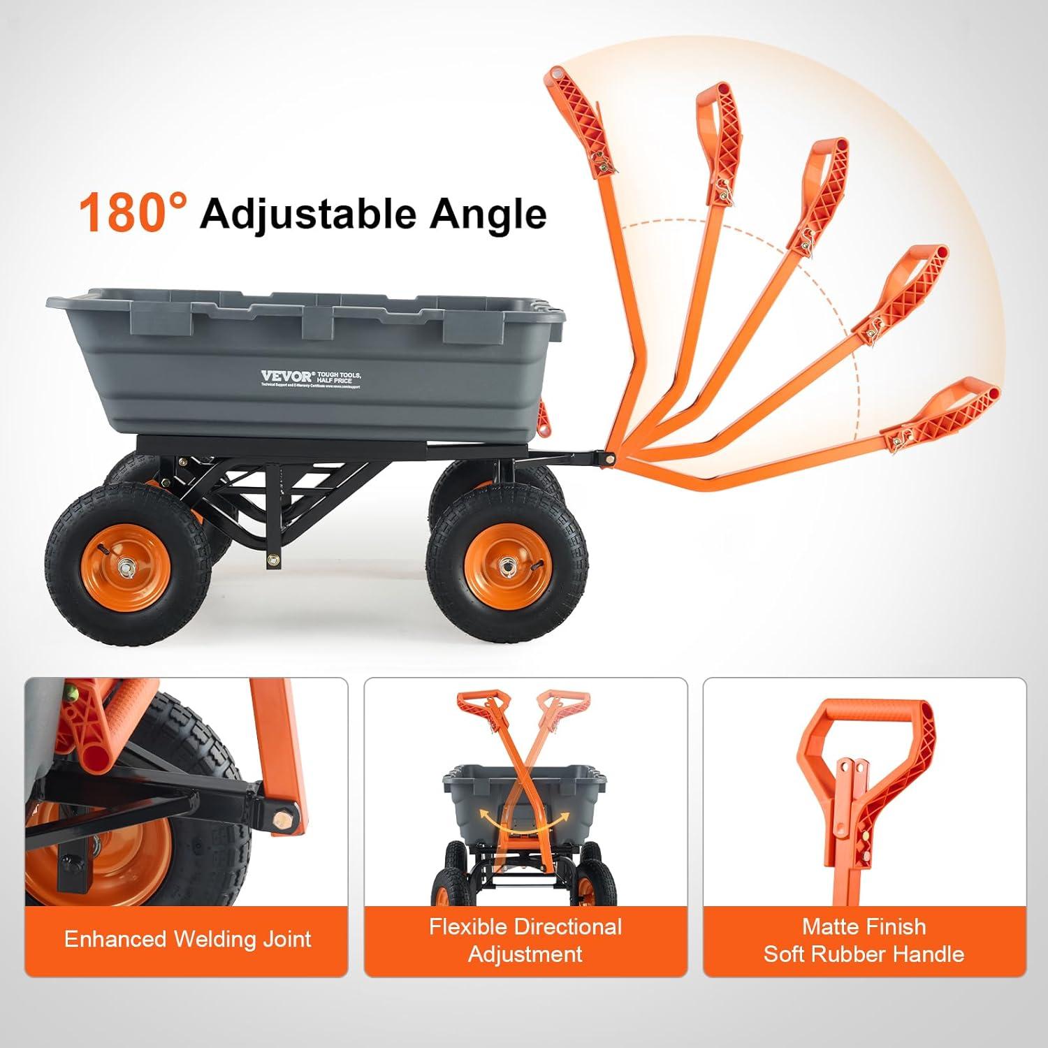 imageVEVOR 4 CuFt 600lbs Poly Garden Cart Dump Wagon Heavy Duty 4 Wheel Wheelbarrow Yard Cart Dump Wagon with 10in All Terrain Wheels Steel Frame and Quick Release System1500lbs