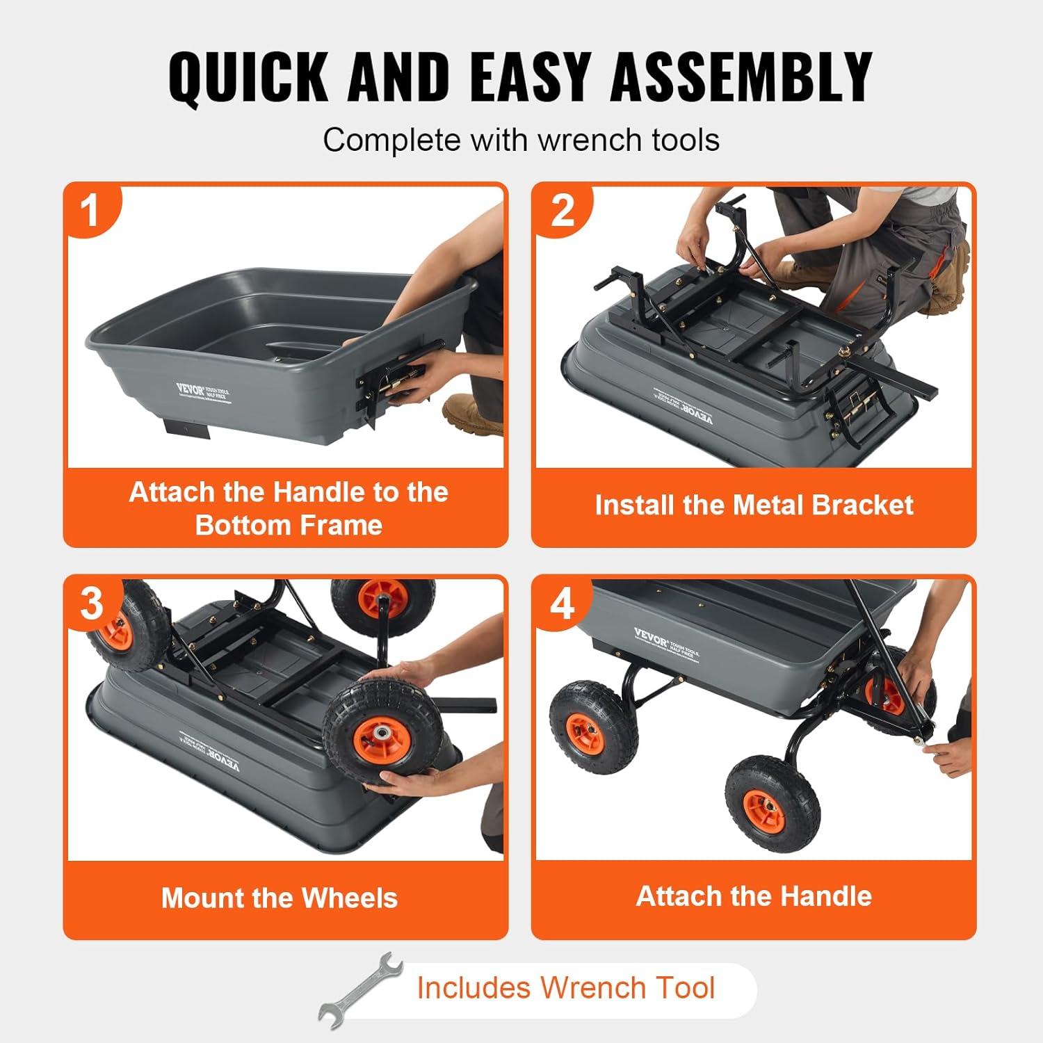 imageVEVOR 4 CuFt 600lbs Poly Garden Cart Dump Wagon Heavy Duty 4 Wheel Wheelbarrow Yard Cart Dump Wagon with 10in All Terrain Wheels Steel Frame and Quick Release SystemPoly600lbs