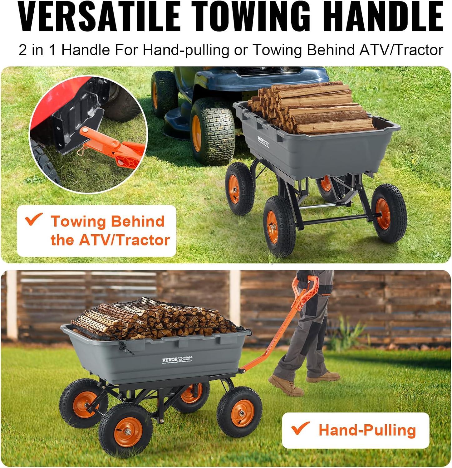 imageVEVOR 4 CuFt 600lbs Poly Garden Cart Dump Wagon Heavy Duty 4 Wheel Wheelbarrow Yard Cart Dump Wagon with 10in All Terrain Wheels Steel Frame and Quick Release System1500lbs