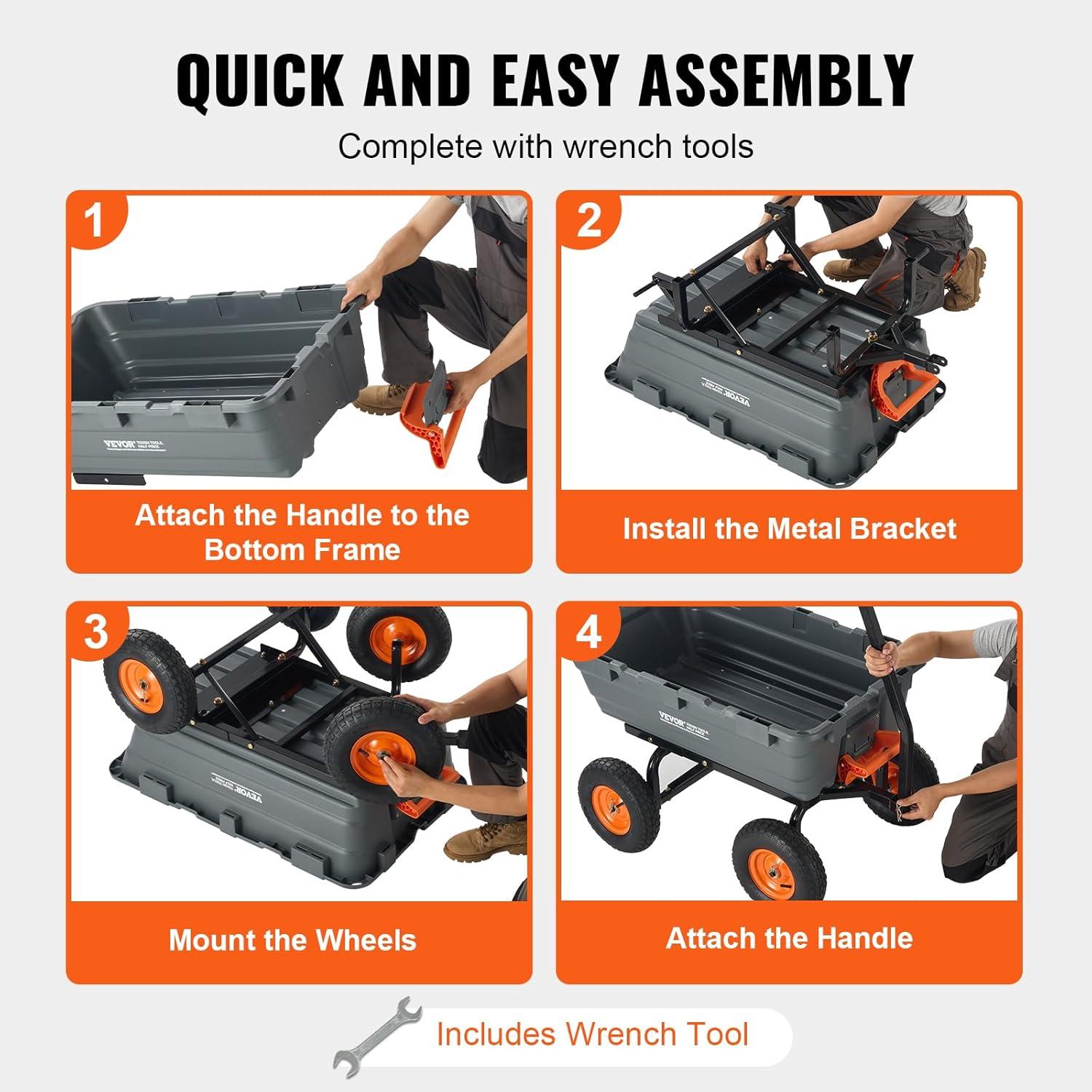 imageVEVOR 4 CuFt 600lbs Poly Garden Cart Dump Wagon Heavy Duty 4 Wheel Wheelbarrow Yard Cart Dump Wagon with 10in All Terrain Wheels Steel Frame and Quick Release System1200LBS