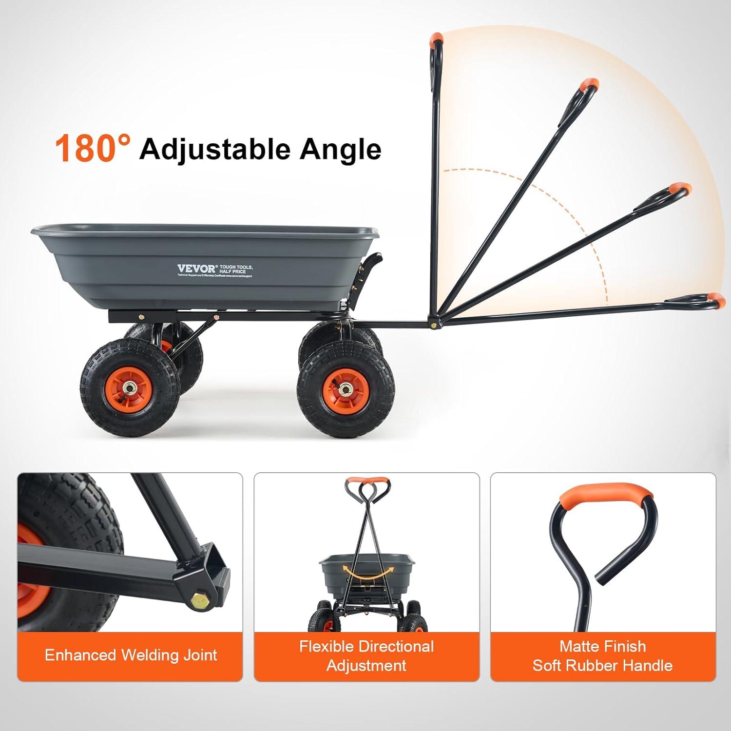 imageVEVOR 4 CuFt 600lbs Poly Garden Cart Dump Wagon Heavy Duty 4 Wheel Wheelbarrow Yard Cart Dump Wagon with 10in All Terrain Wheels Steel Frame and Quick Release SystemPoly600lbs
