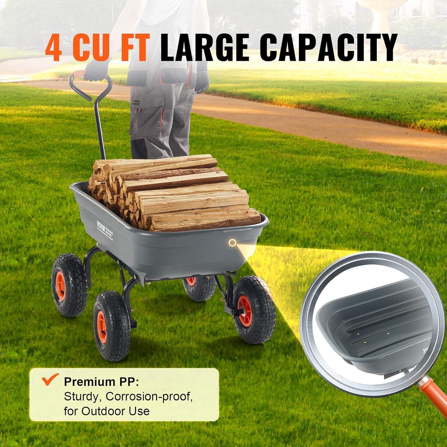 imageVEVOR 4 CuFt 600lbs Poly Garden Cart Dump Wagon Heavy Duty 4 Wheel Wheelbarrow Yard Cart Dump Wagon with 10in All Terrain Wheels Steel Frame and Quick Release SystemPoly600lbs