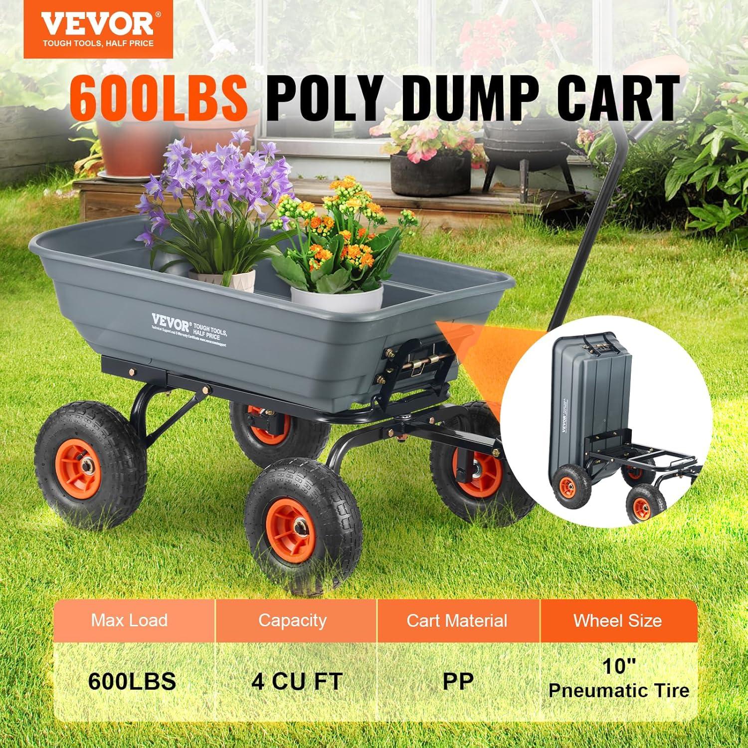imageVEVOR 4 CuFt 600lbs Poly Garden Cart Dump Wagon Heavy Duty 4 Wheel Wheelbarrow Yard Cart Dump Wagon with 10in All Terrain Wheels Steel Frame and Quick Release SystemPoly600lbs