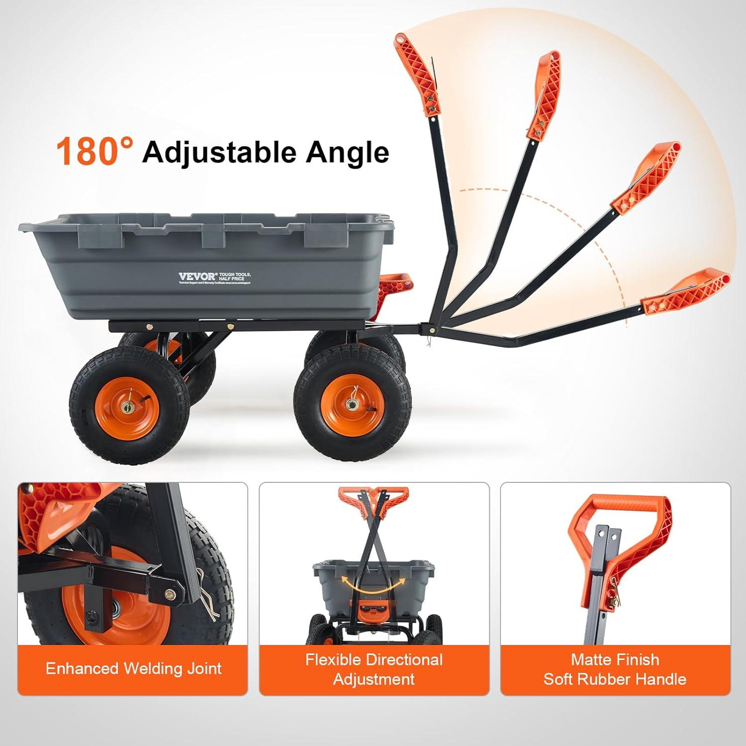 imageVEVOR 4 CuFt 600lbs Poly Garden Cart Dump Wagon Heavy Duty 4 Wheel Wheelbarrow Yard Cart Dump Wagon with 10in All Terrain Wheels Steel Frame and Quick Release System1200LBS