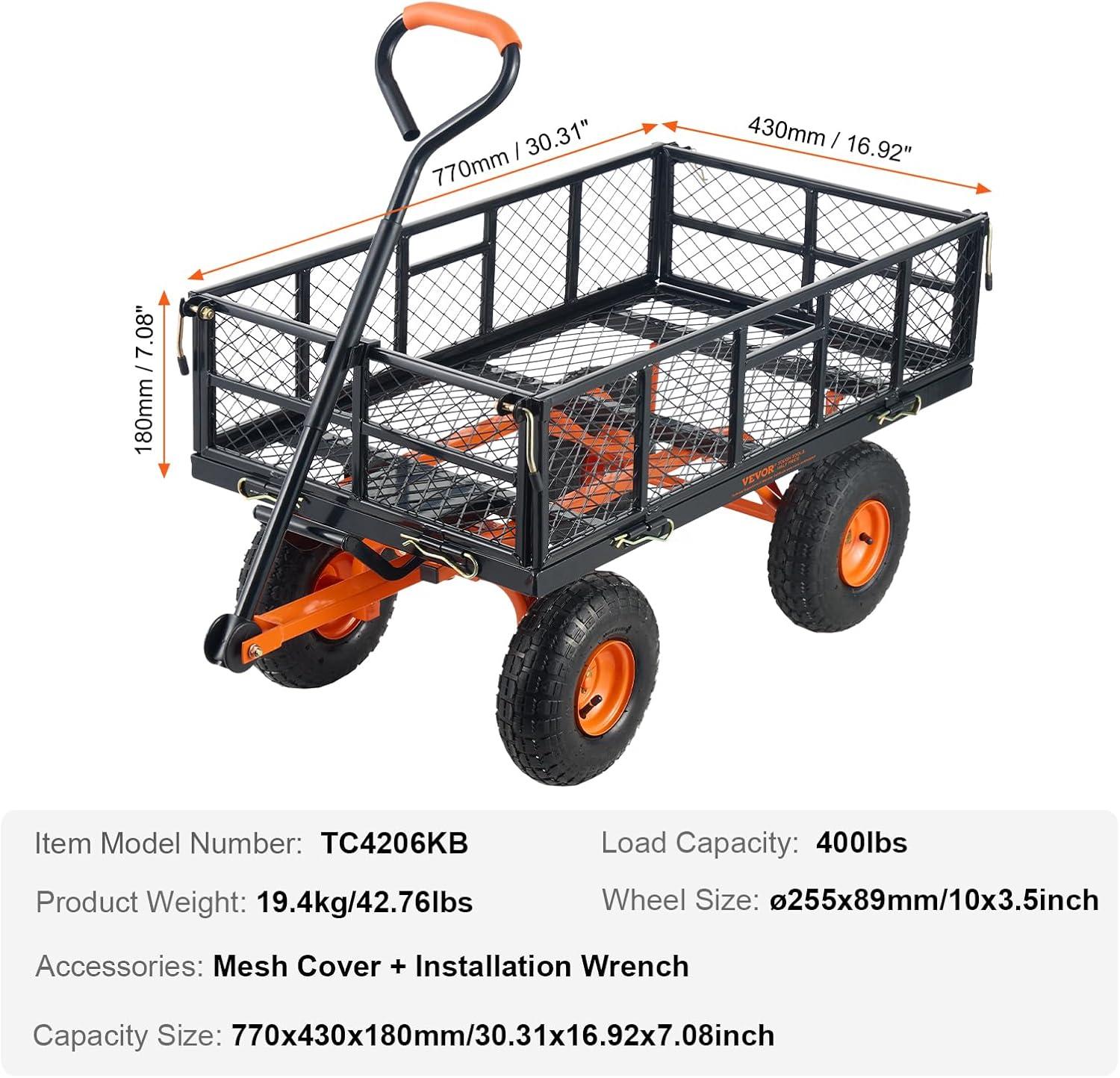 imageVEVOR 400lbs Steel Garden Dump Cart Heavy Duty Garden Wagon Yard Dump Wagon with Removable Sides Convert to Flatbed Utility Liner 10in All Terrain WheelsSteel400lbs