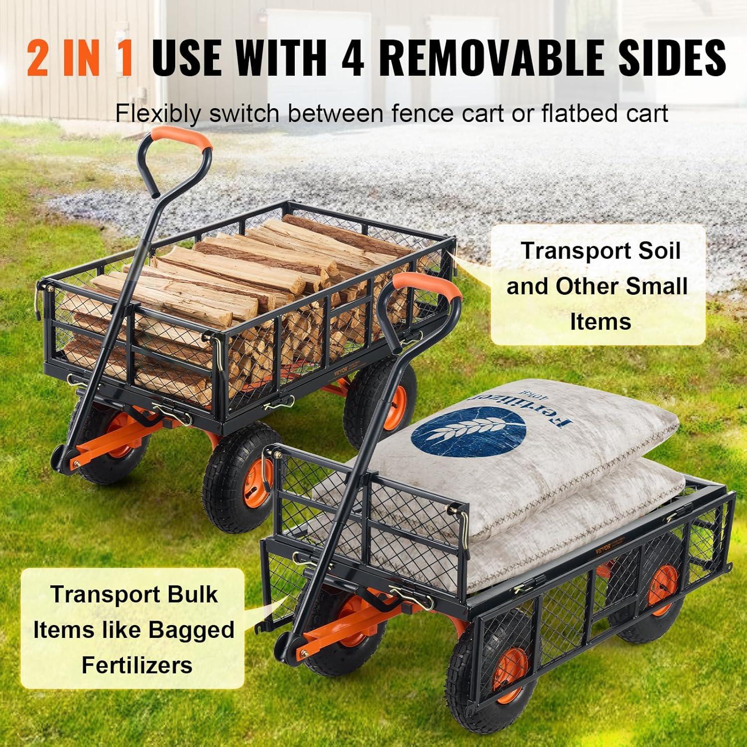 imageVEVOR 400lbs Steel Garden Dump Cart Heavy Duty Garden Wagon Yard Dump Wagon with Removable Sides Convert to Flatbed Utility Liner 10in All Terrain WheelsSteel400lbs