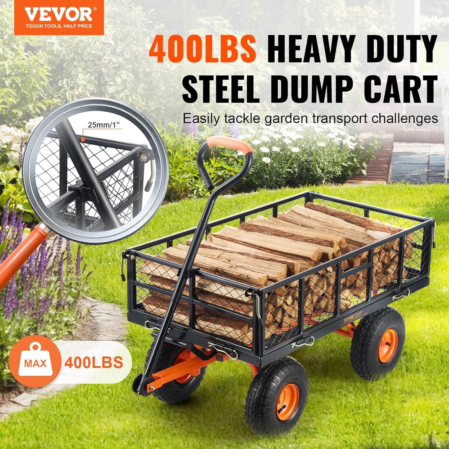 imageVEVOR 400lbs Steel Garden Dump Cart Heavy Duty Garden Wagon Yard Dump Wagon with Removable Sides Convert to Flatbed Utility Liner 10in All Terrain WheelsSteel400lbs