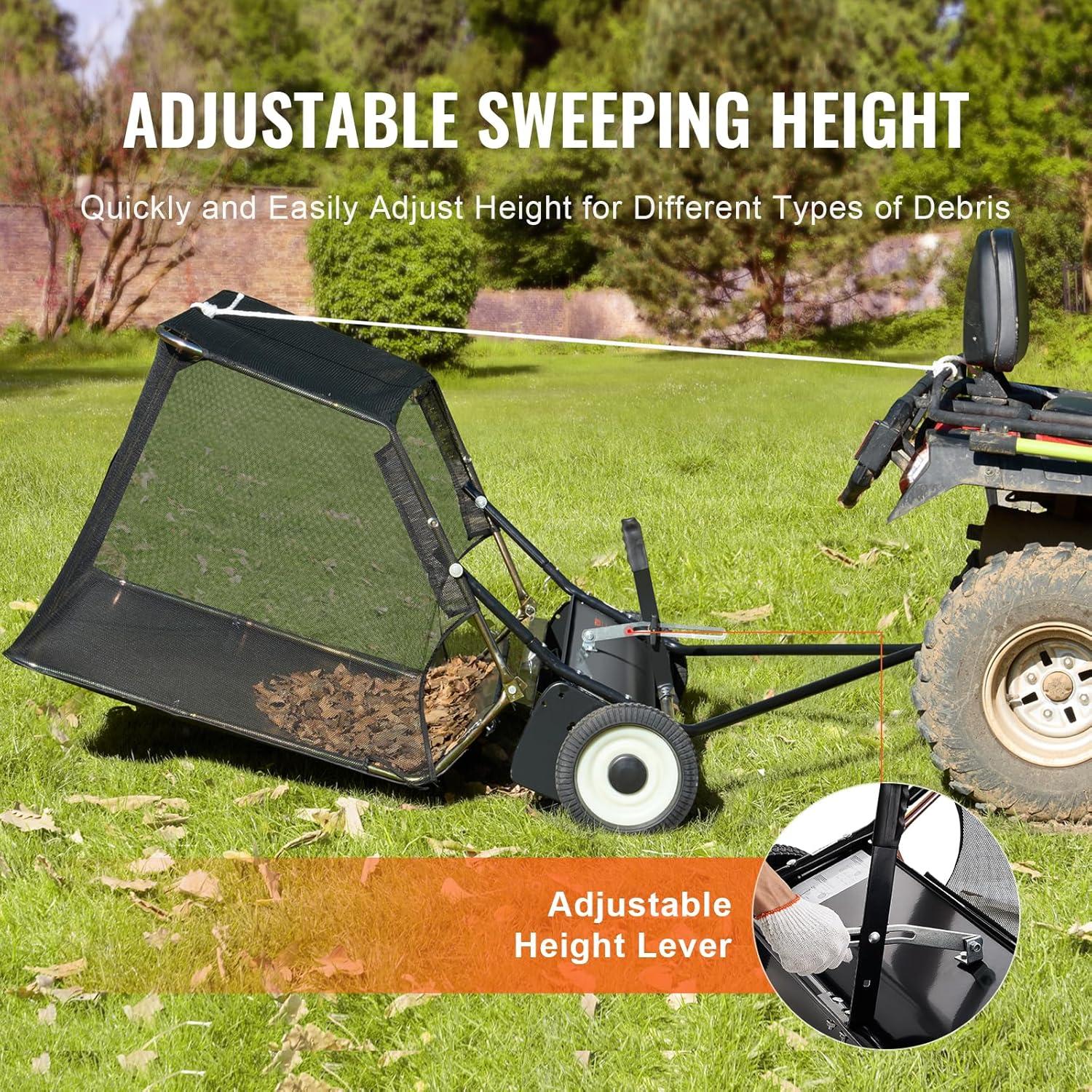 imageVEVOR 52 Inch Lawn Sweeper Tow Behind 26 cuft Large Pull Behind Grass Sweeper Heavy Duty Leaf ampamp Grass Collector with Dumping Rope Design Adjustable Sweeping Height for Picking Up Debris ampamp Grass