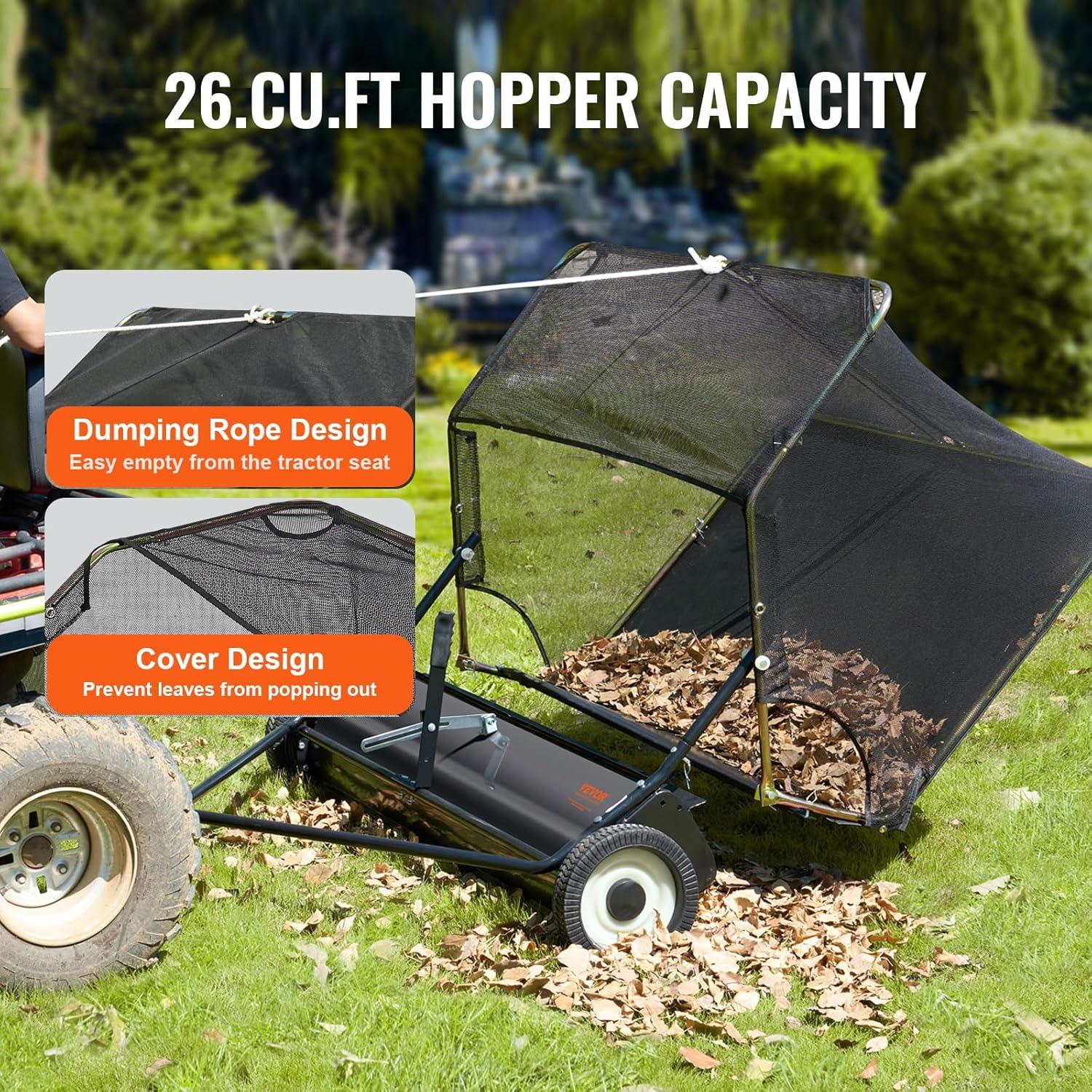 imageVEVOR 52 Inch Lawn Sweeper Tow Behind 26 cuft Large Pull Behind Grass Sweeper Heavy Duty Leaf ampamp Grass Collector with Dumping Rope Design Adjustable Sweeping Height for Picking Up Debris ampamp Grass