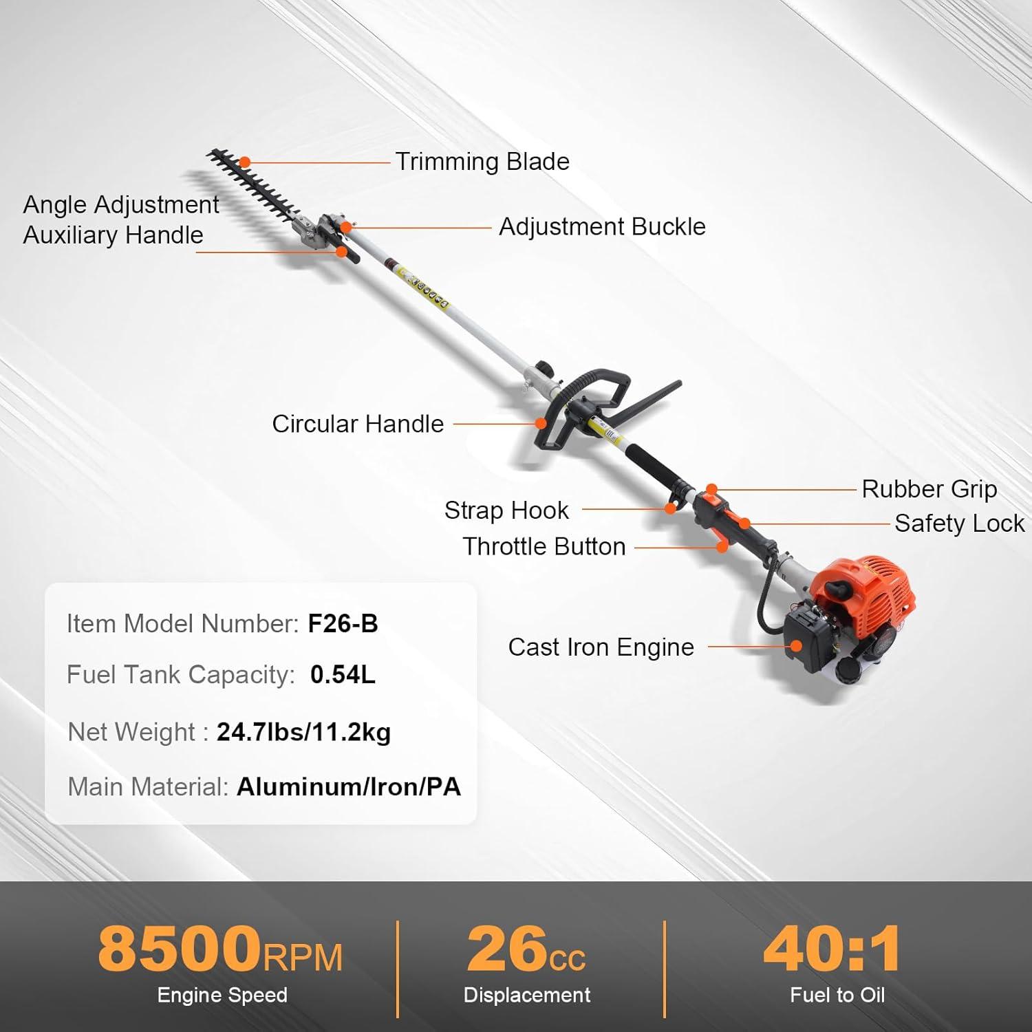imageVEVOR 5in1 26cc 2 Cycle Gas Powered Dual Sided Hedge Trimmer Weed Eater String Trimmer Edger Pole Saw Chainsaw Pruner with EPA CE and EMC Certification26CC 2 Cycle Gas Powered Pole Hedge Trimmer
