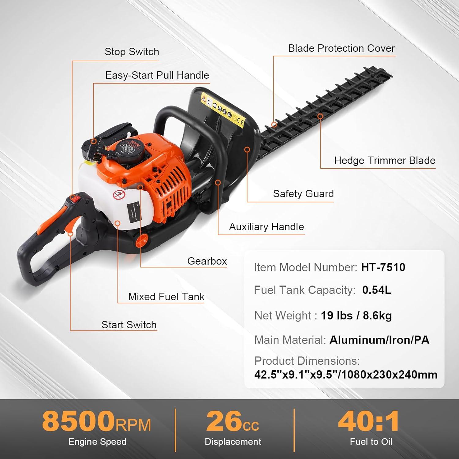 imageVEVOR 5in1 26cc 2 Cycle Gas Powered Dual Sided Hedge Trimmer Weed Eater String Trimmer Edger Pole Saw Chainsaw Pruner with EPA CE and EMC Certification26cc 2 Stroke Gas Hedge Trimmer