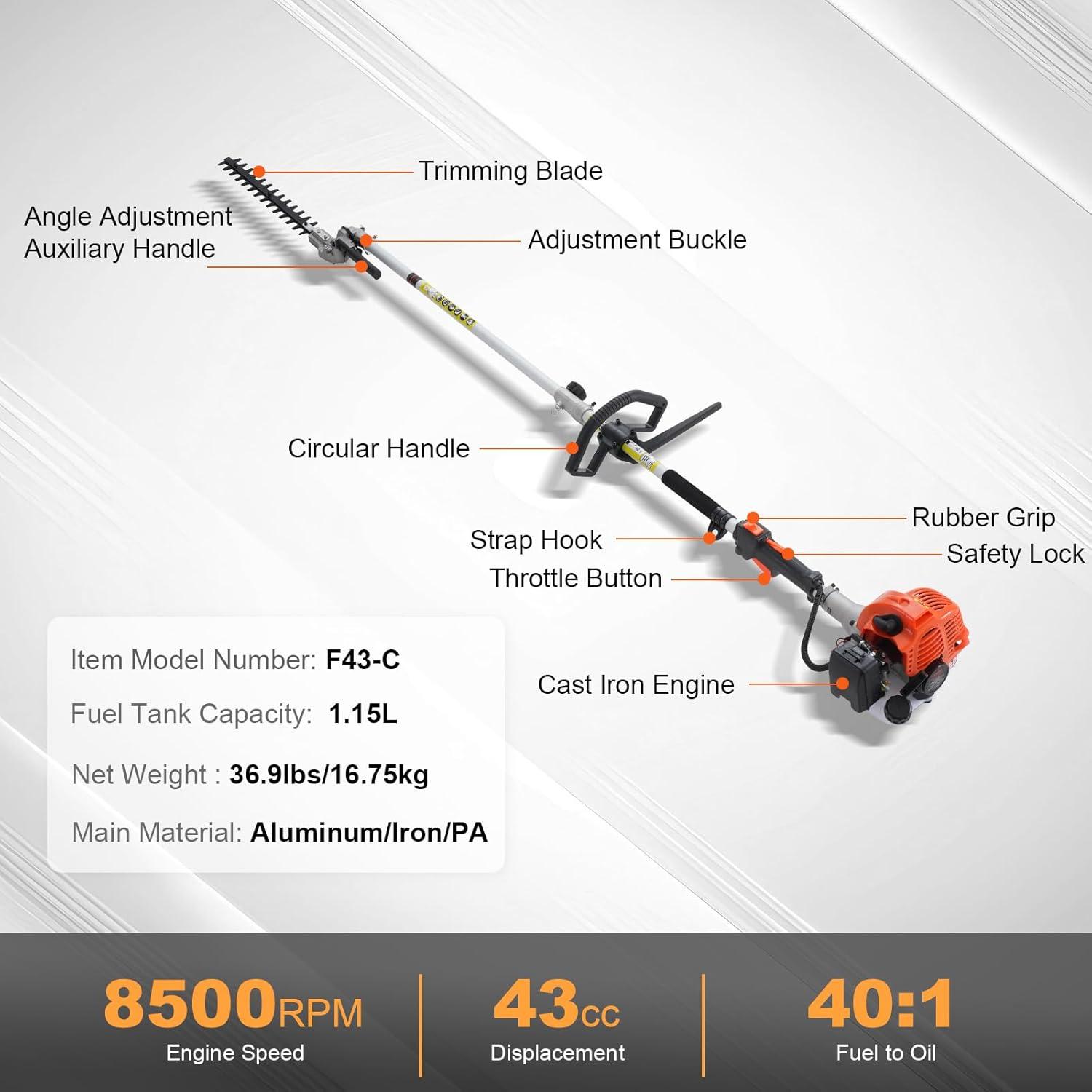 imageVEVOR 5in1 26cc 2 Cycle Gas Powered Dual Sided Hedge Trimmer Weed Eater String Trimmer Edger Pole Saw Chainsaw Pruner with EPA CE and EMC Certification43cc Gas Hedge Trimmer
