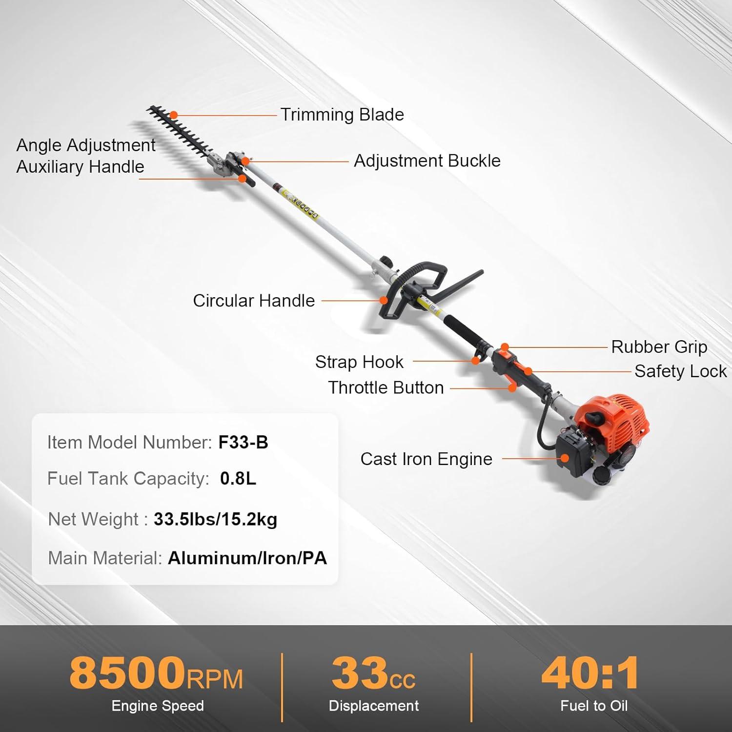 imageVEVOR 5in1 26cc 2 Cycle Gas Powered Dual Sided Hedge Trimmer Weed Eater String Trimmer Edger Pole Saw Chainsaw Pruner with EPA CE and EMC Certification33cc 5in1 Gas Hedge Trimmer  Weed Eater  String Trimmer  Brush Cutter  Edger  Pole Saw Chainsaw Pruner