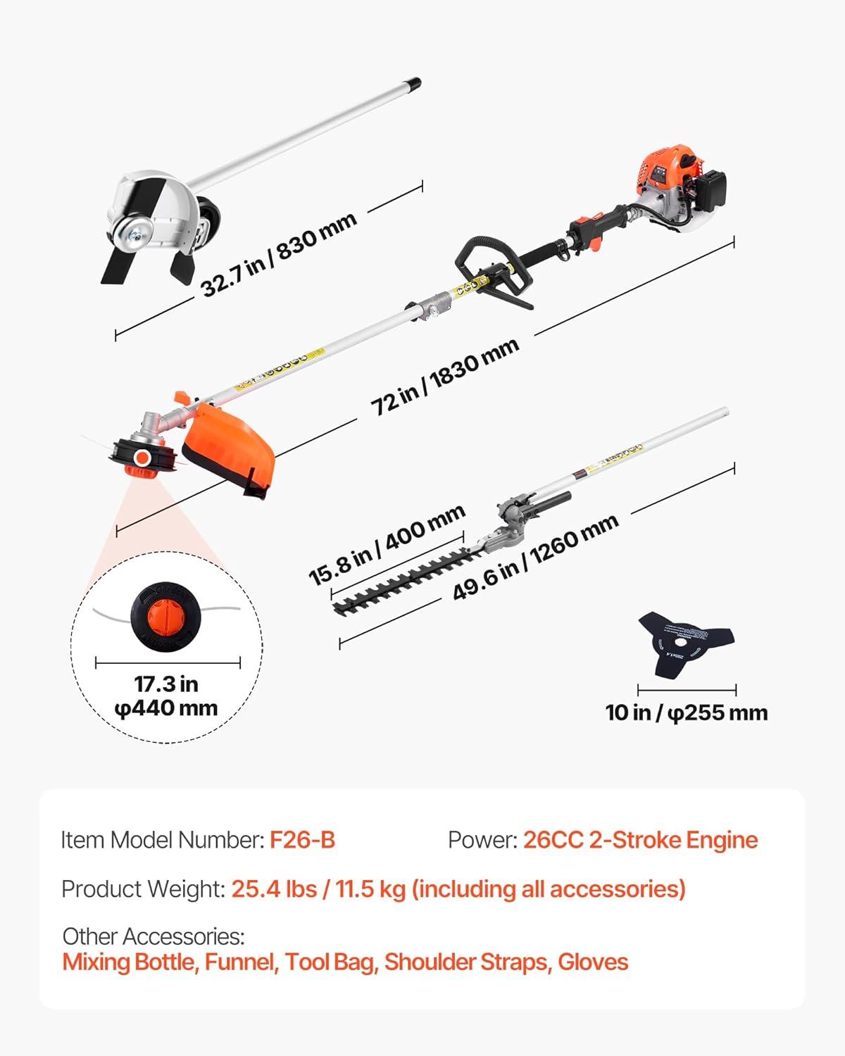 imageVEVOR 5in1 26cc 2 Cycle Gas Powered Dual Sided Hedge Trimmer Weed Eater String Trimmer Edger Pole Saw Chainsaw Pruner with EPA CE and EMC Certification26cc 4in1 Gas Hedge Trimmer  String Trimmer  Brush Cutter  Edger