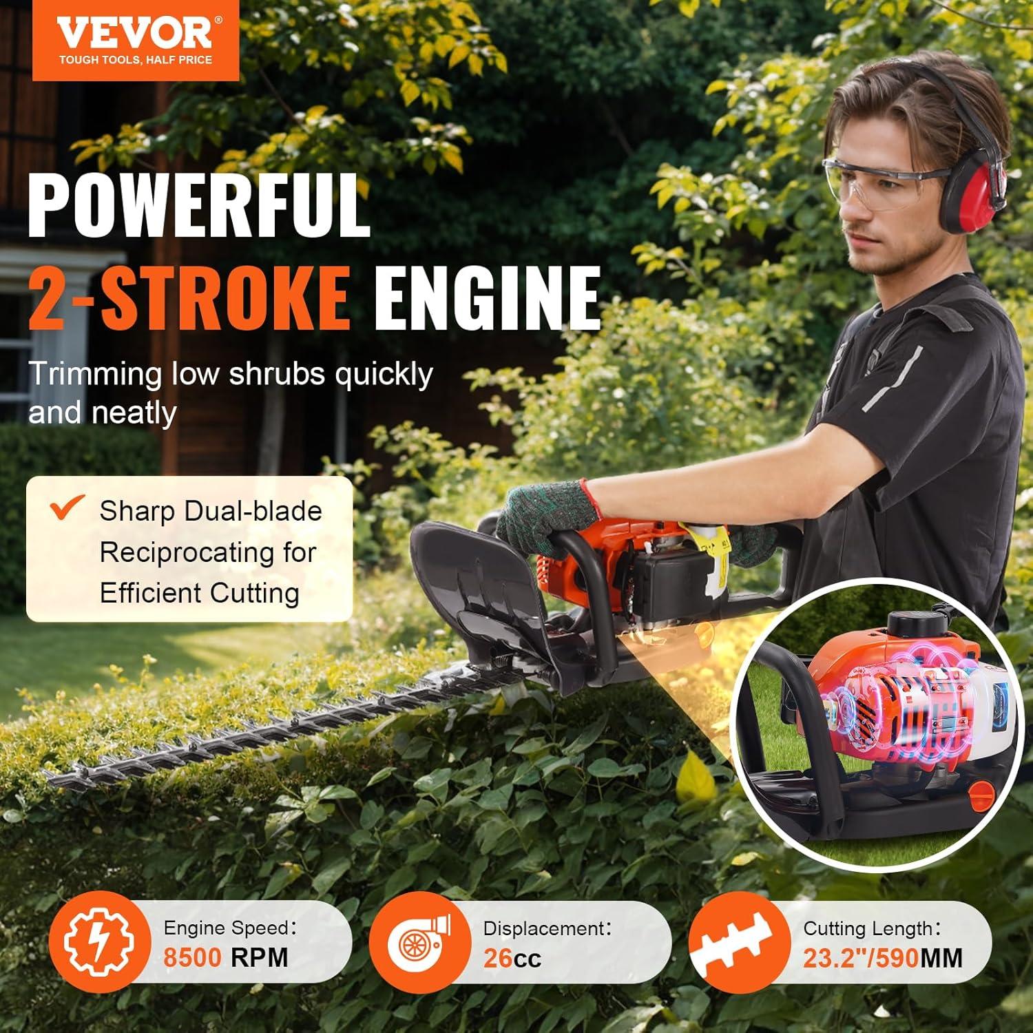 imageVEVOR 5in1 26cc 2 Cycle Gas Powered Dual Sided Hedge Trimmer Weed Eater String Trimmer Edger Pole Saw Chainsaw Pruner with EPA CE and EMC Certification26cc 2 Stroke Gas Hedge Trimmer