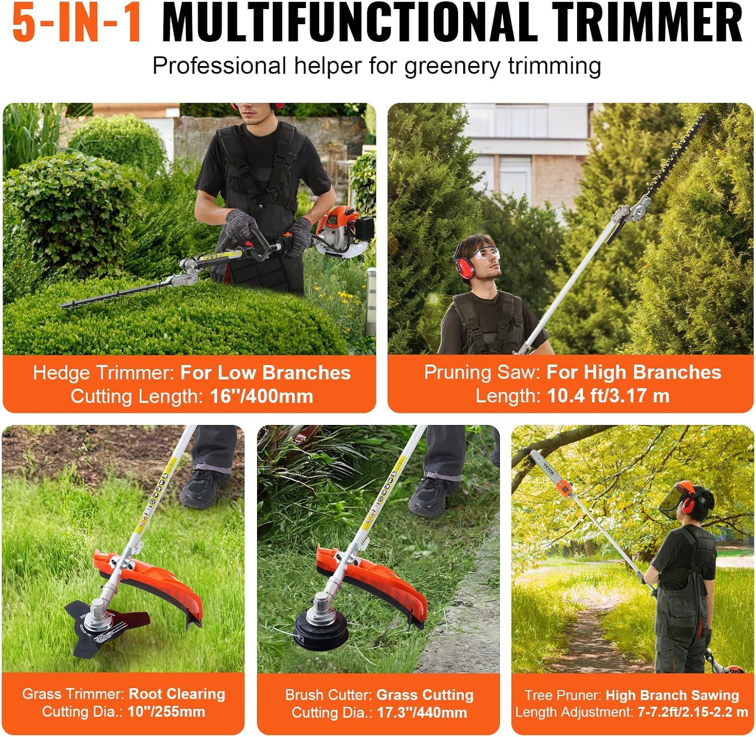 imageVEVOR 5in1 26cc 2 Cycle Gas Powered Dual Sided Hedge Trimmer Weed Eater String Trimmer Edger Pole Saw Chainsaw Pruner with EPA CE and EMC Certification26cc 5in1 Gas Hedge Trimmer  Weed Eater  String Trimmer  Brush Cutter  Edger  Pole Saw Chainsaw Pruner